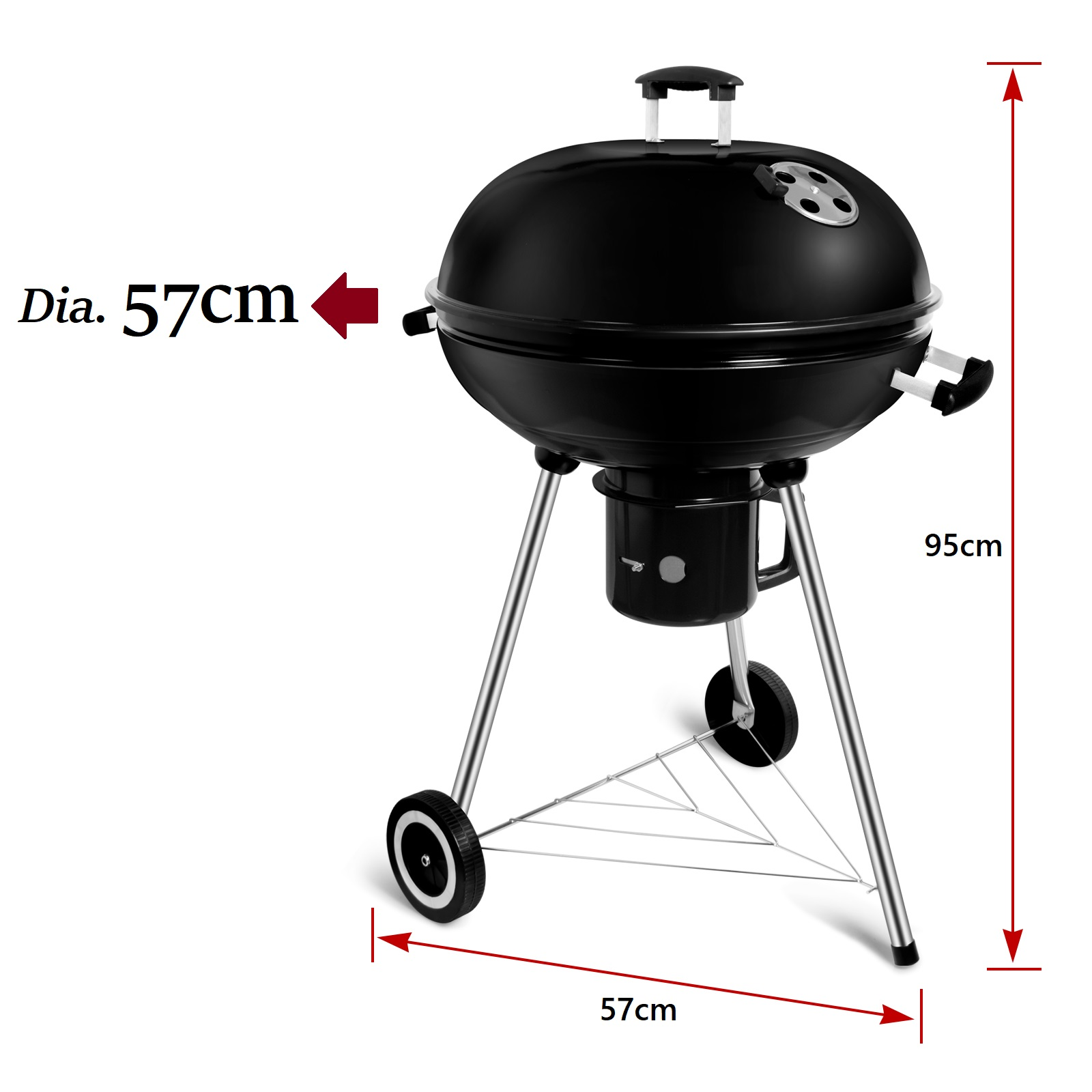 Schwarzer Grill mit Abmessungen. Text: Dia. 57cm, 95cm Höhe, 57cm Breite.