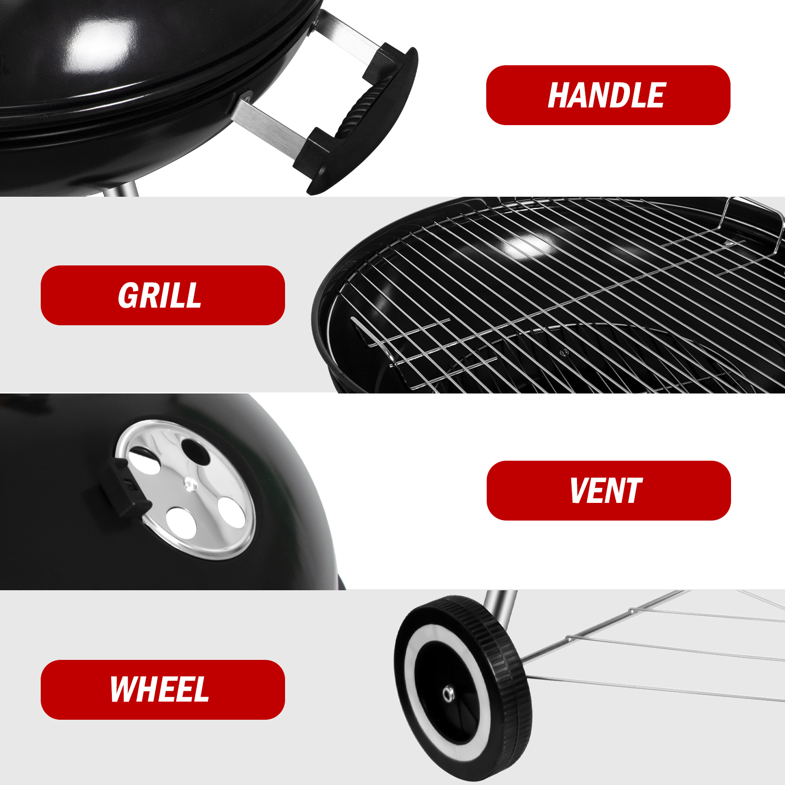 Nahaufnahmen eines schwarzen Grills: Griff, Grill, Entlüftung und Rad, beschriftet mit rotem Text.