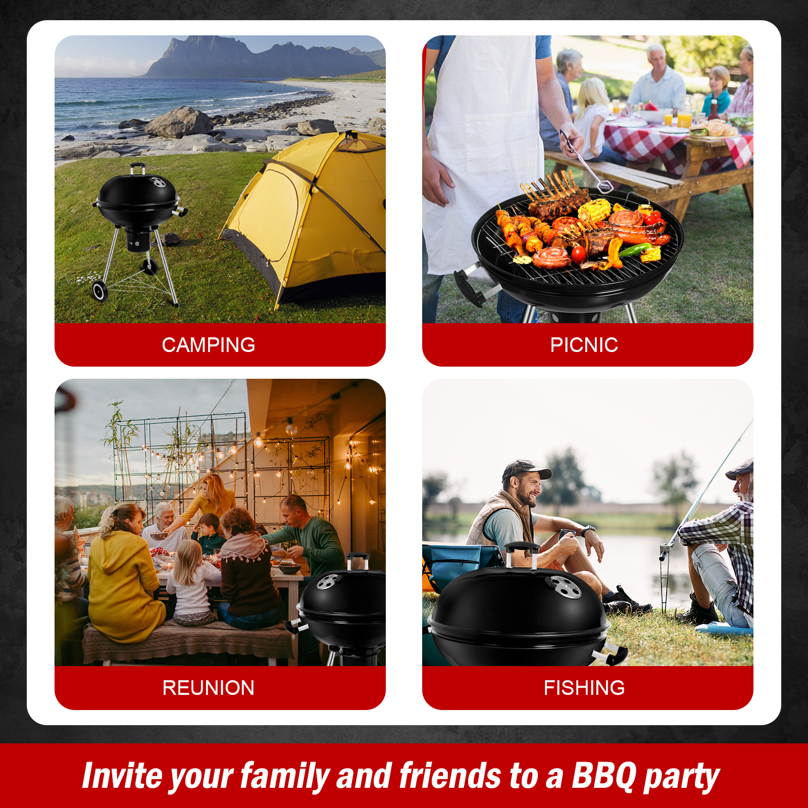 Vier Bilder, die BBQ-Einstellungen zeigen: Camping, Picknick, Wiedersehen und Angeln. Lade Freunde ein.