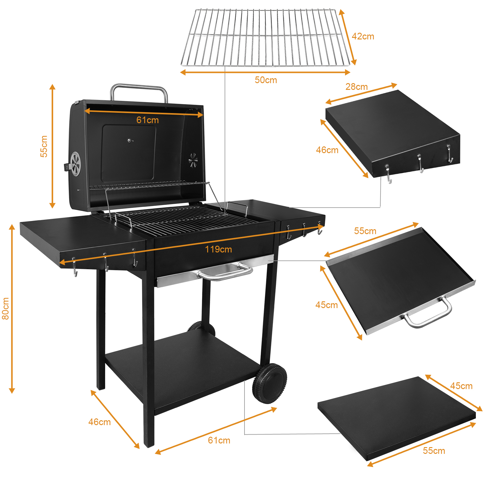 Schwarzer BBQ-Grill mit Abmessungen. Teile sind Grill, Deckel und Seitentische. Der Hintergrund ist weiß.