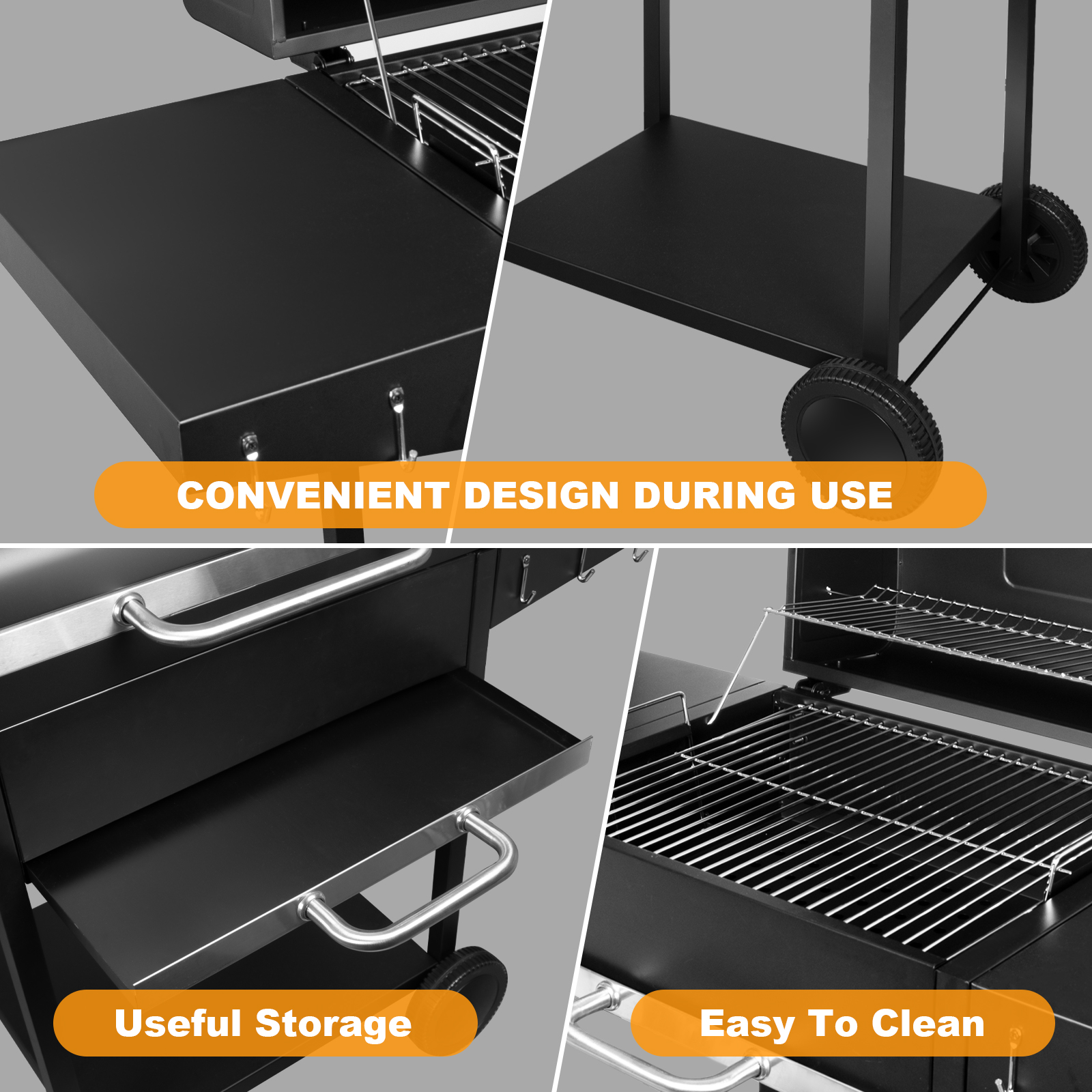 Nahaufnahme eines schwarzen Grills mit praktischem Design, Stauraum, Grillrost und Rädern für einfache Reinigung.