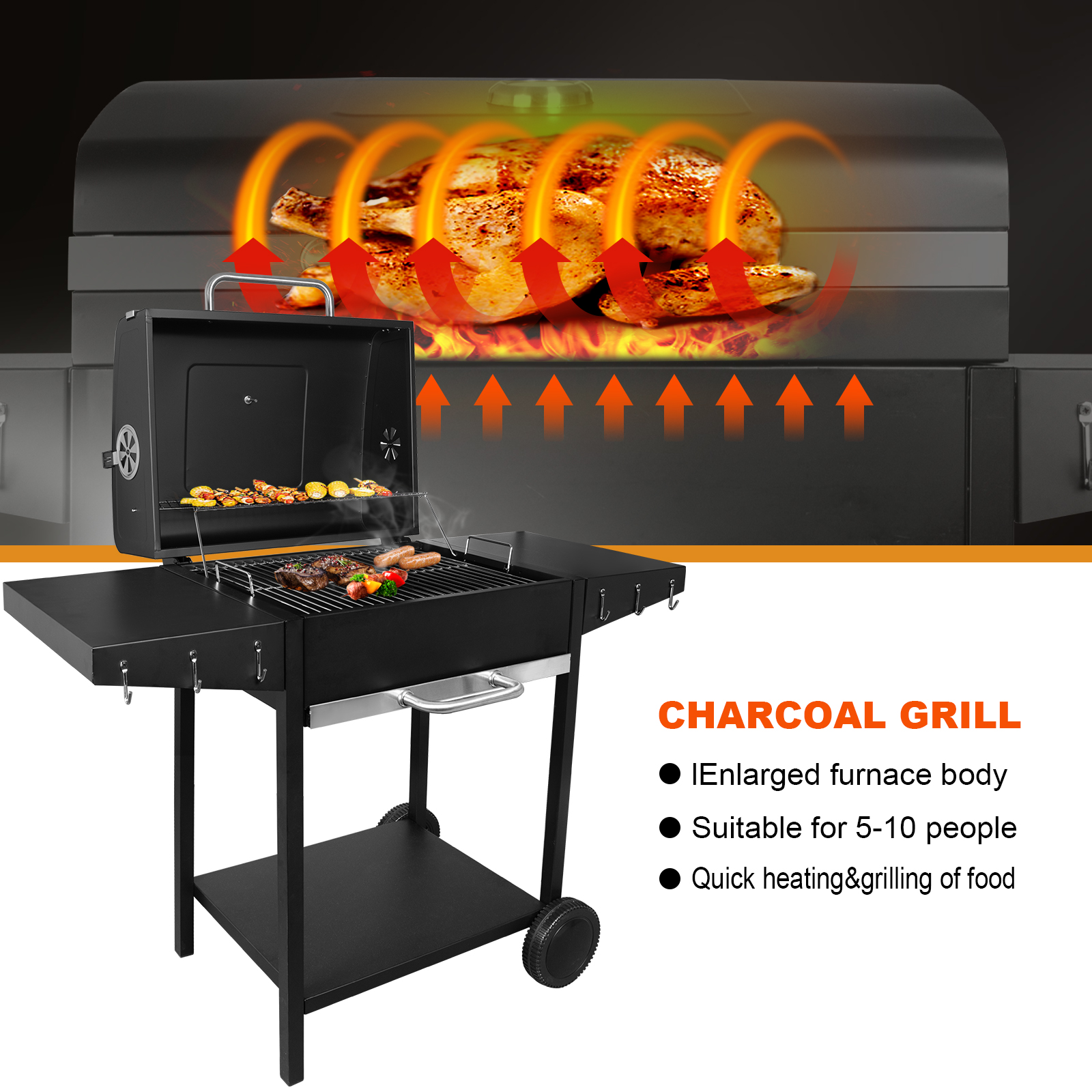 Ein schwarzer Holzkohlegrill mit offenem Deckel, der den Kochbereich mit Speisen und Hitzeeffekten zeigt.