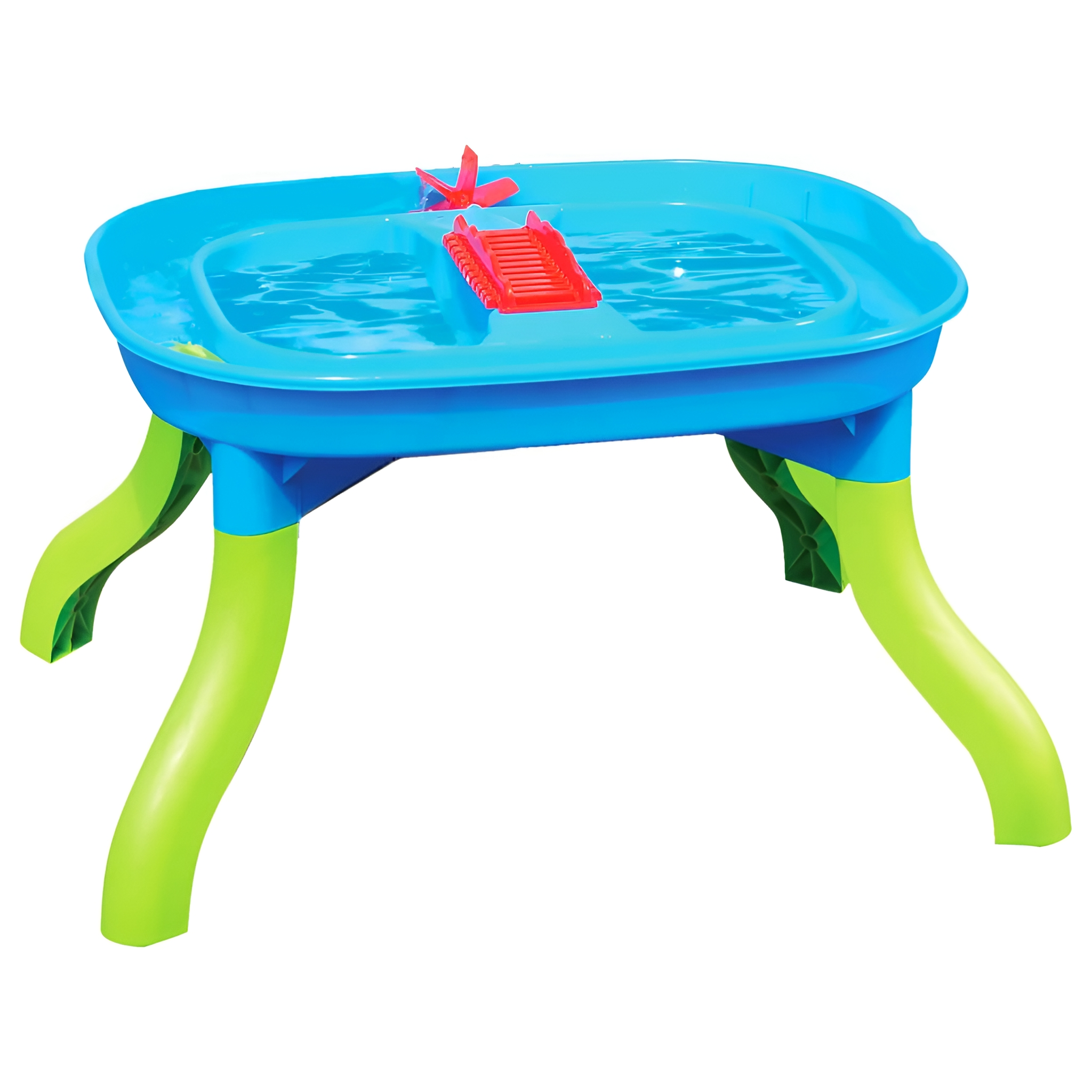 Ein blau-grüner Wassertisch für Kinder. Er hat eine rote Wasserrutsche und einen kleinen Propeller, mit Beinen.