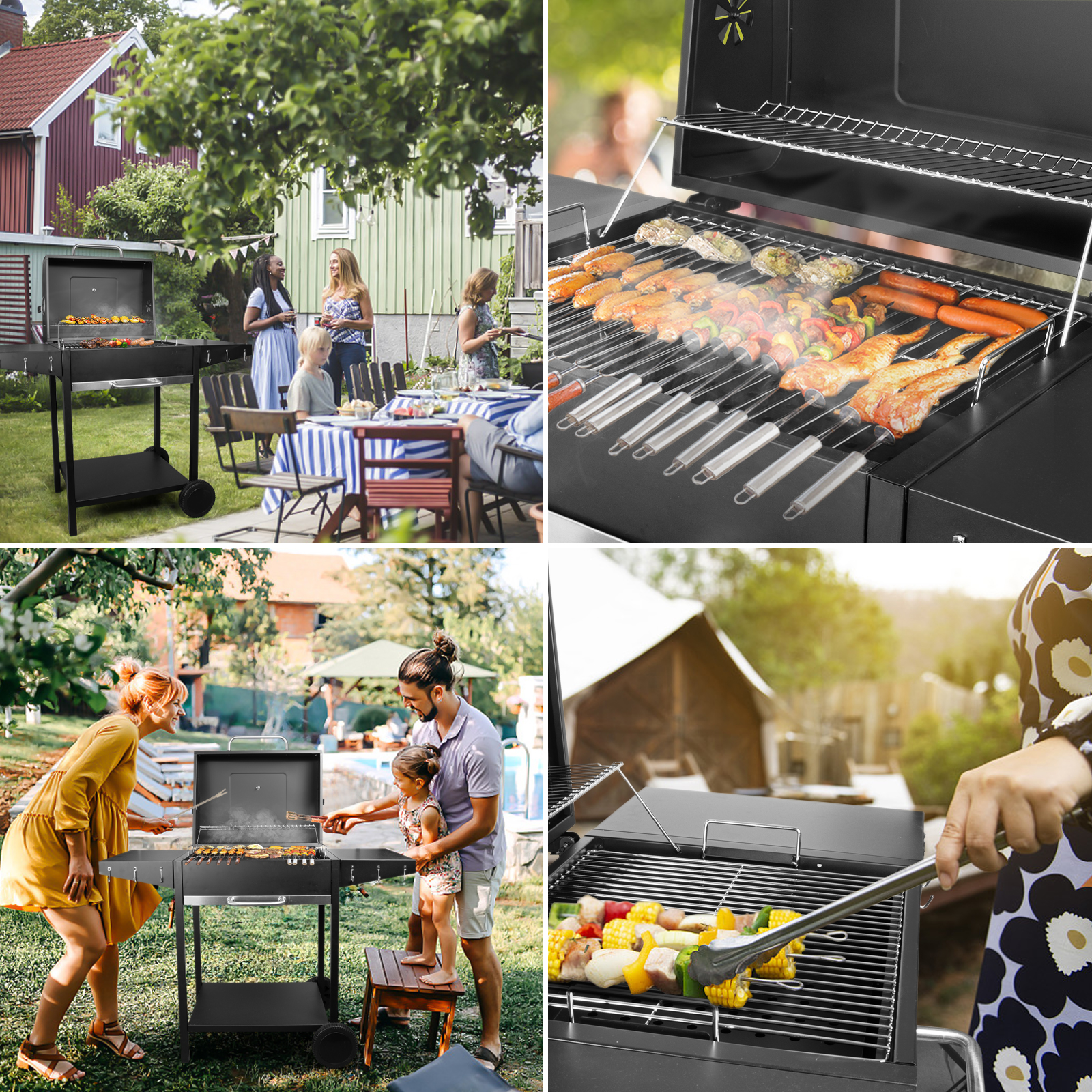 Eine BBQ-Szene im Hinterhof. Grillen, Leute unterhalten sich, ein gedeckter Tisch.