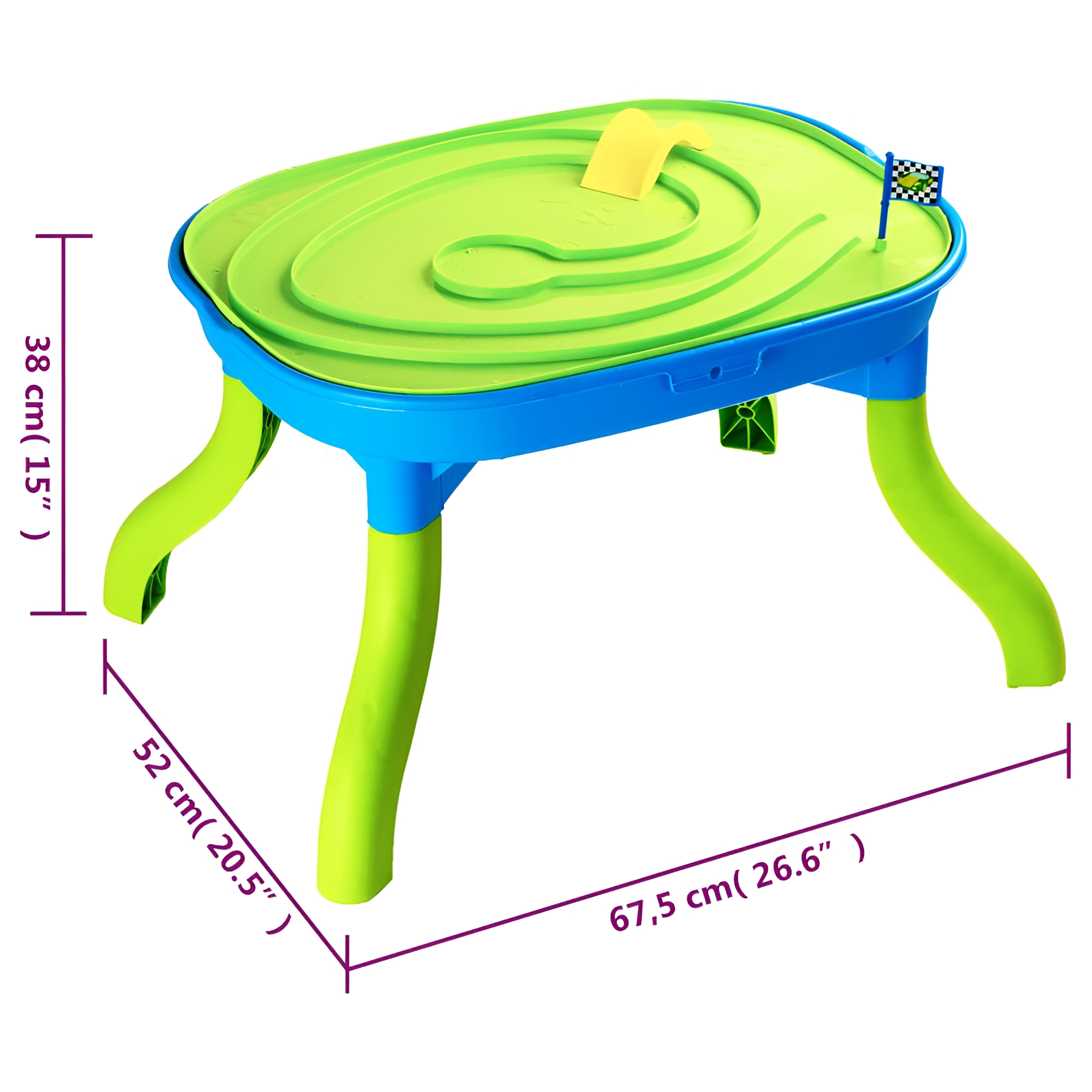 Ein farbenfroher Kinderspieltisch mit einer Rennstrecke oben. Abmessungen in cm sind angegeben.