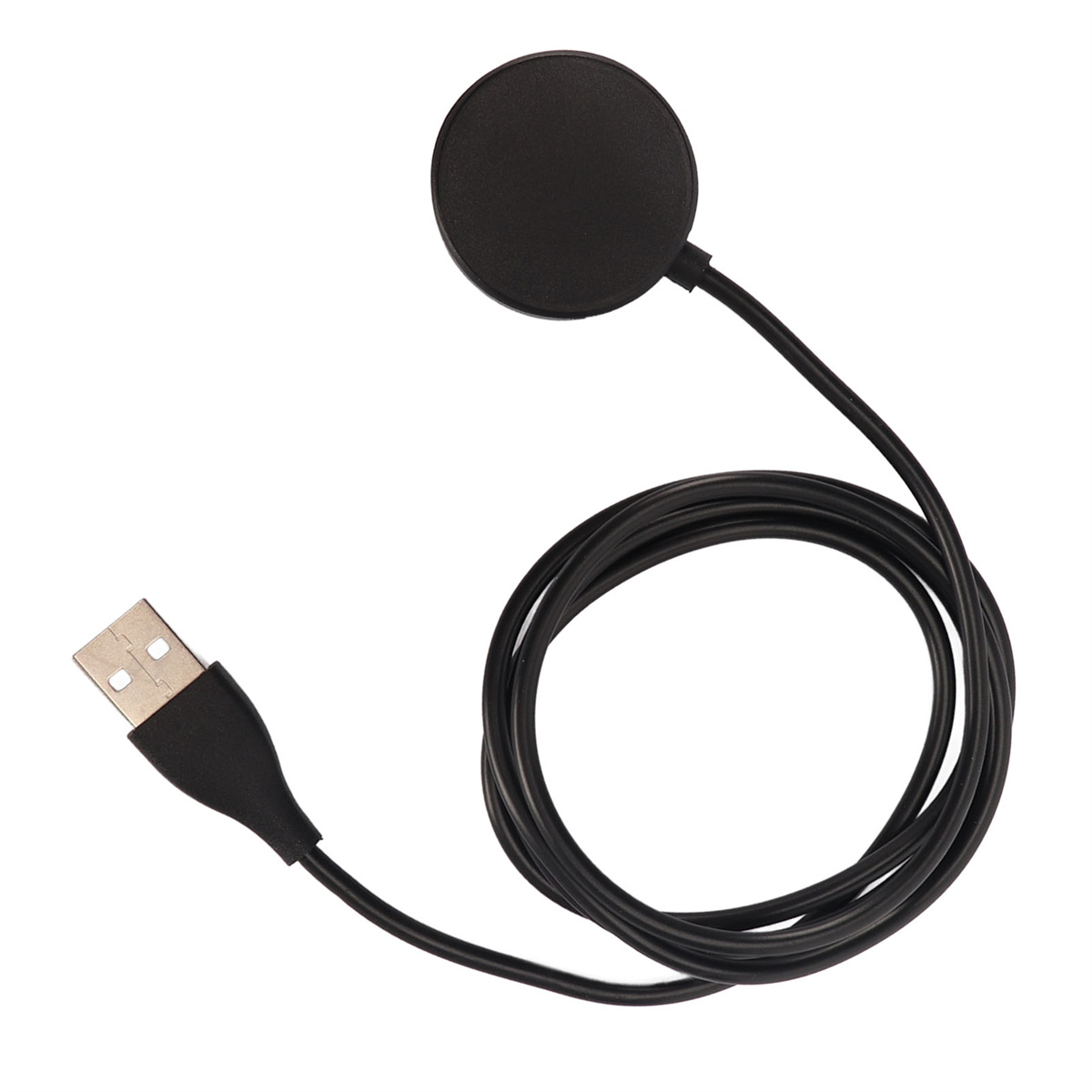 Schwarzes Ladekabel mit USB-Anschluss und kreisförmiger Ladestation.