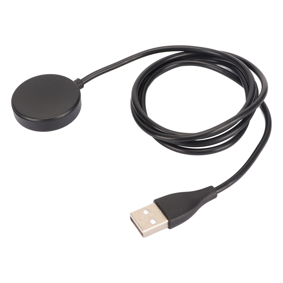 Schwarze Ladestation mit USB-Kabel auf weißem Hintergrund.
