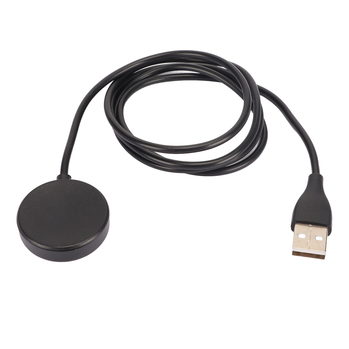 Schwarzes Smartwatch-Ladegerät mit USB-Stecker. Runde Ladebasis und Kabel auf weißem Hintergrund.