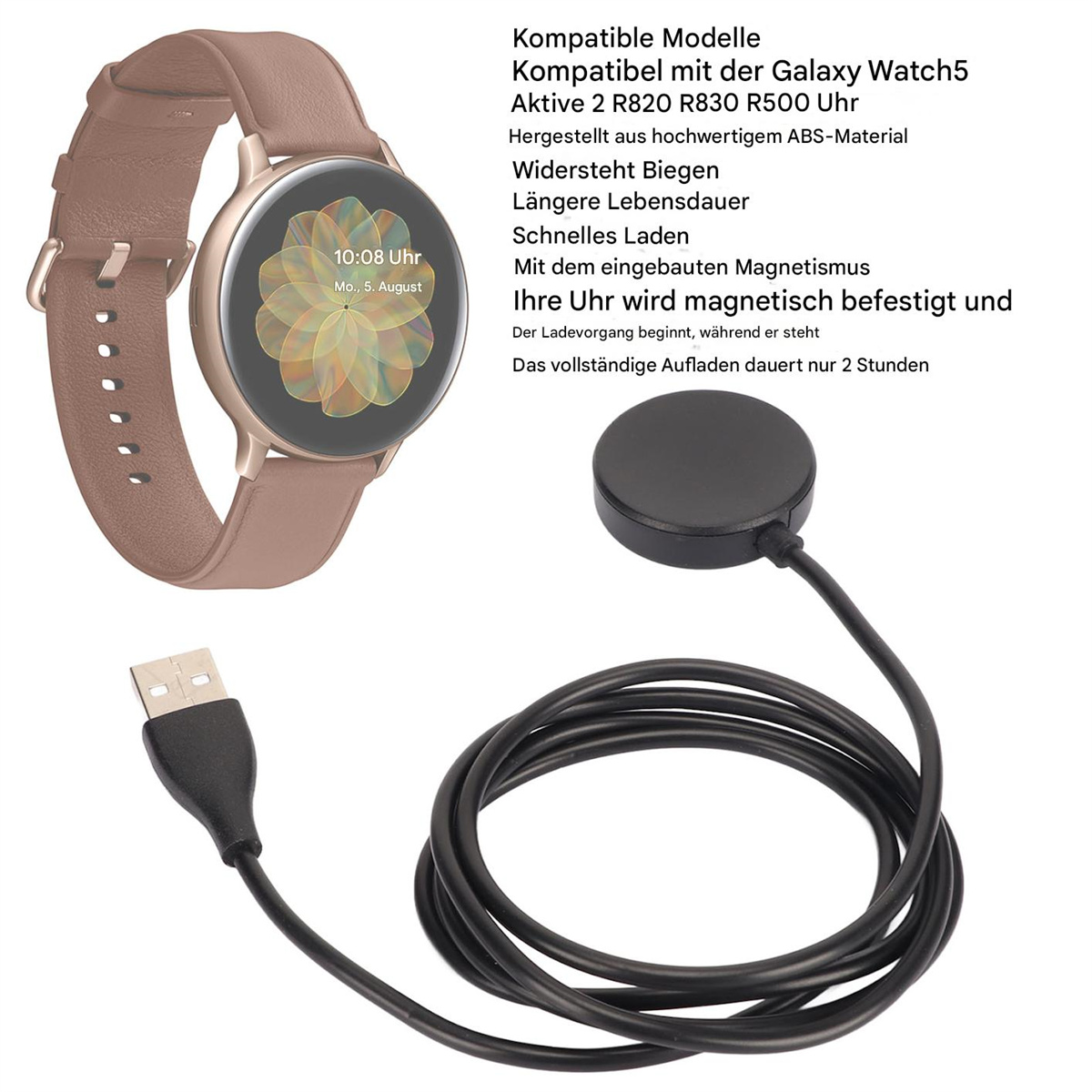 Eine roségoldene Smartwatch mit Ladestation und schwarzem Ladekabel.