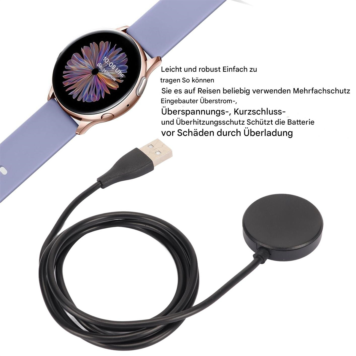 Eine roségoldene Smartwatch mit lila Armband und einem Ladekabel mit Ladepuck.
