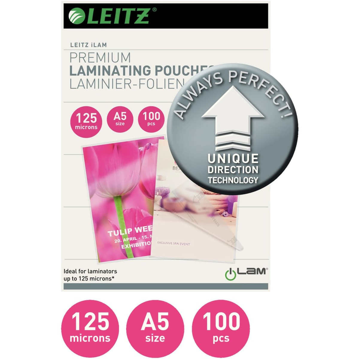 Laminierfolien-Paket mit rosa Blumenbild und Text. Weißer Hintergrund und Kreise.