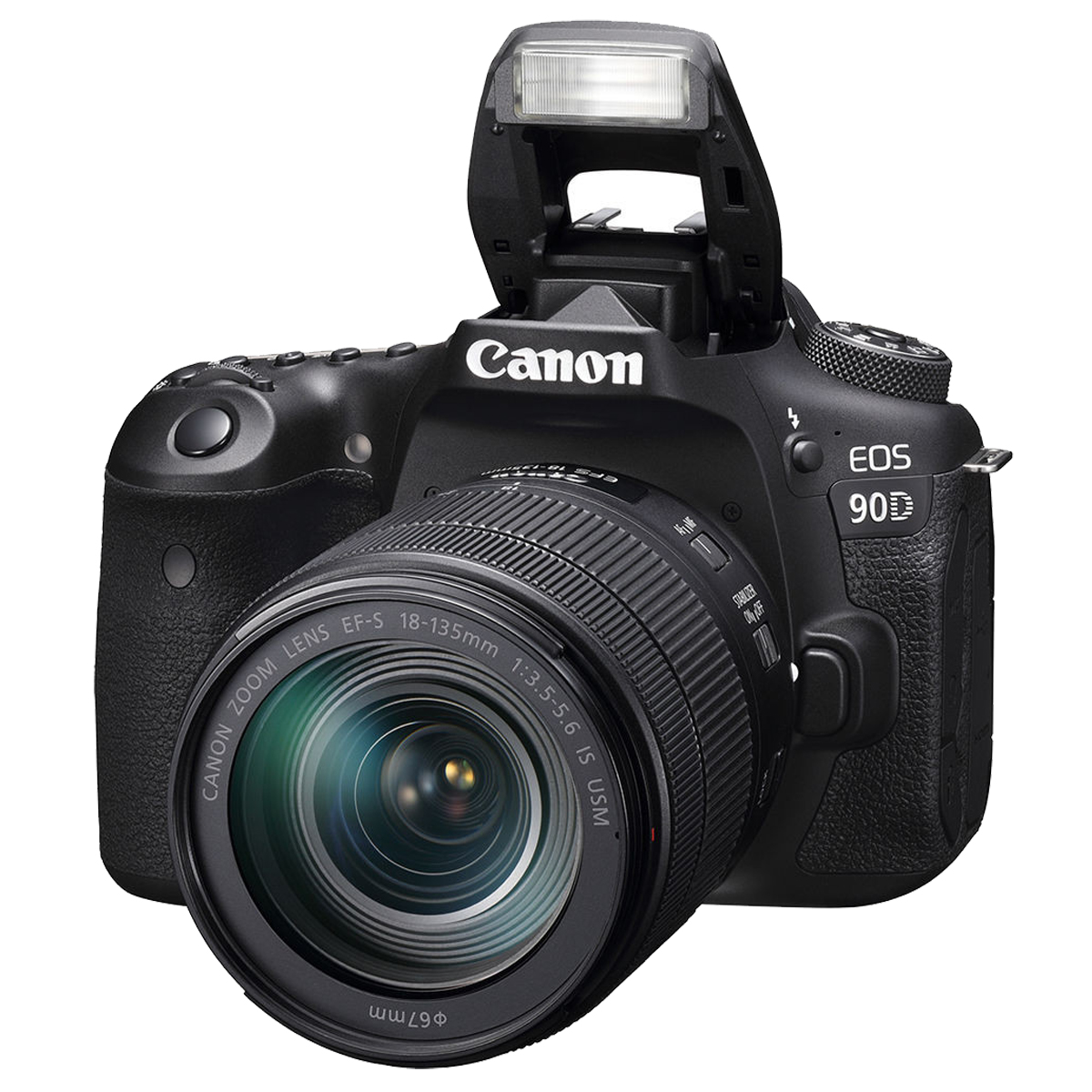 Schwarze Canon EOS 90D Kamera mit Objektiv, Blitz geöffnet.