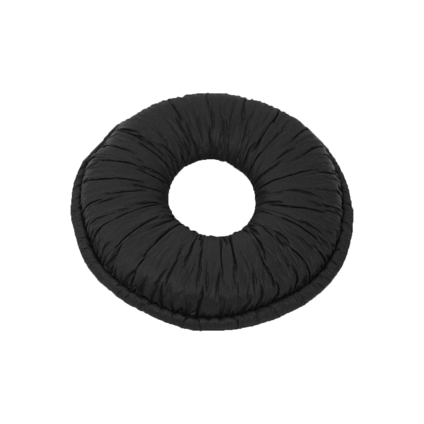 Un cuscino nero, circolare, imbottito con un foro al centro.
