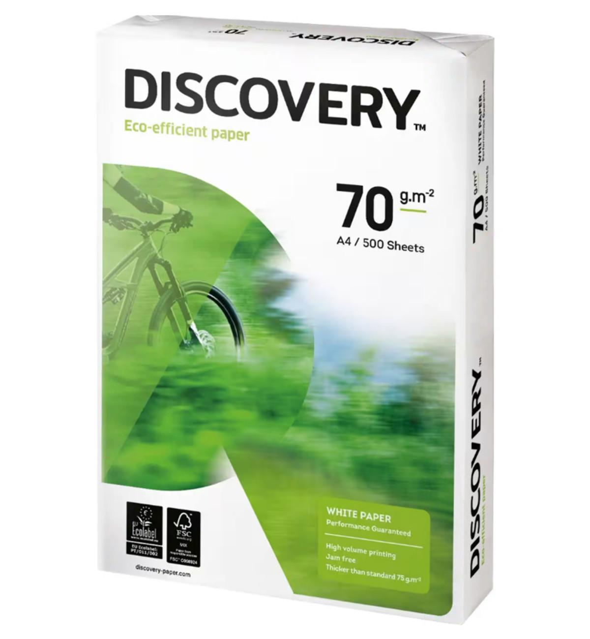 Weißes Papierpaket mit 'DISCOVERY' und 'Eco-efficient paper'.