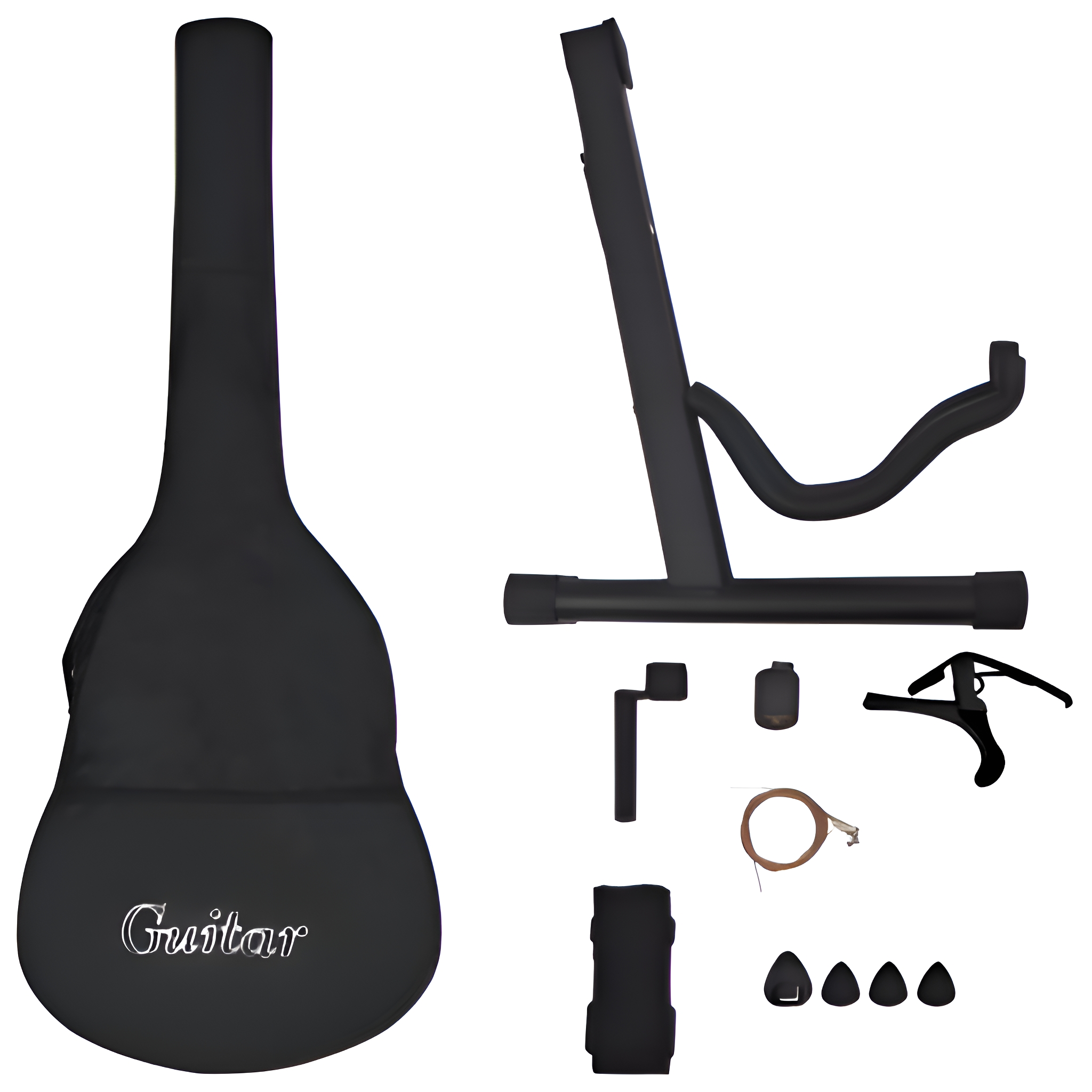 Ein schwarzer Gitarrenkoffer, ein Gitarrenständer und anderes Gitarrenzubehör auf weißem Hintergrund.