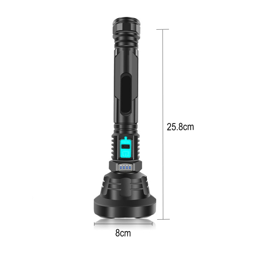 Schwarze Taschenlampe mit Maßen. Sie ist 25,8 cm hoch und 8 cm breit.