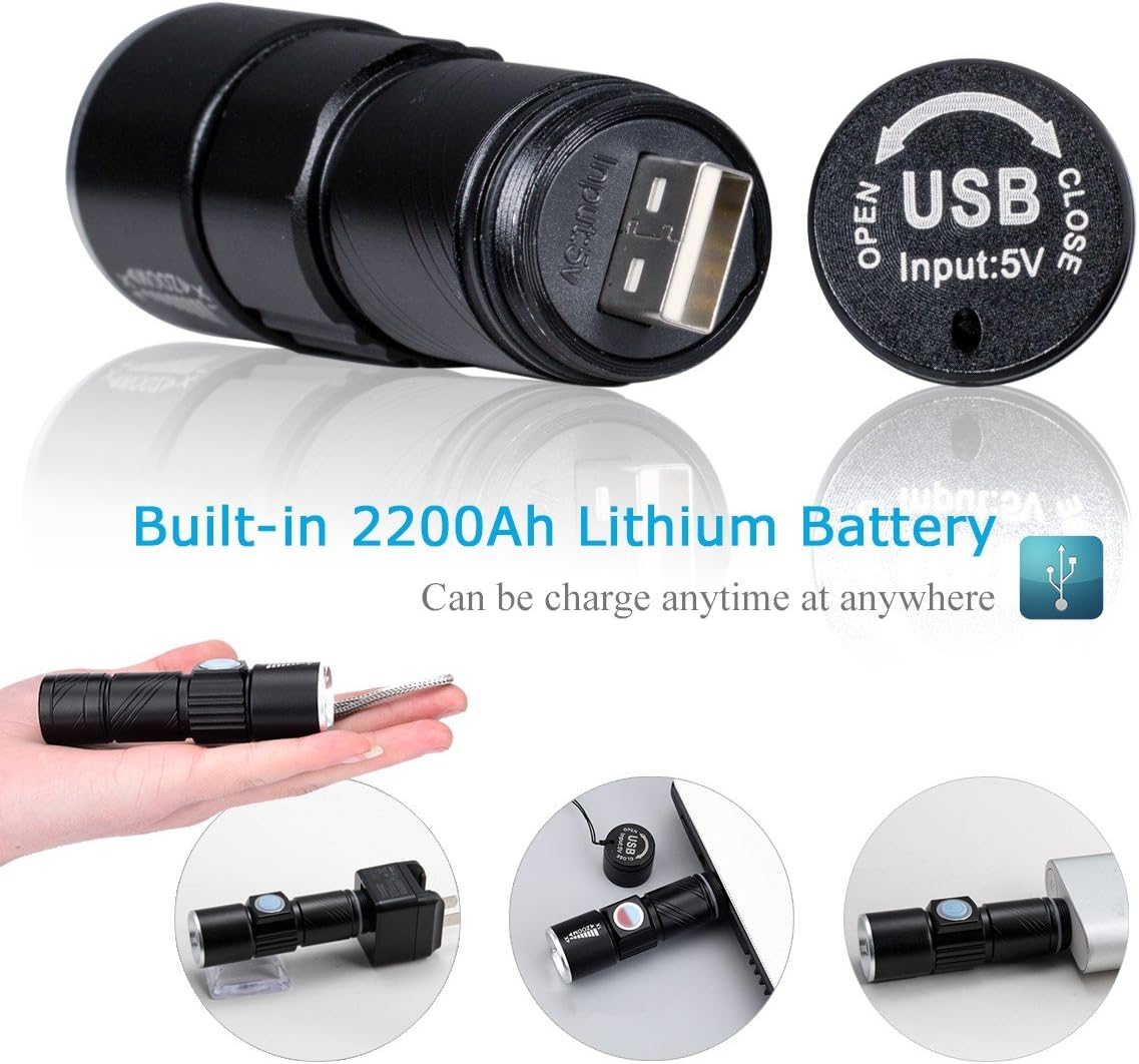 Schwarze, über USB aufladbare Taschenlampe mit USB-Anschluss und Knopf. Sie hat einen eingebauten 2200-mAh-Lithium-Akku.