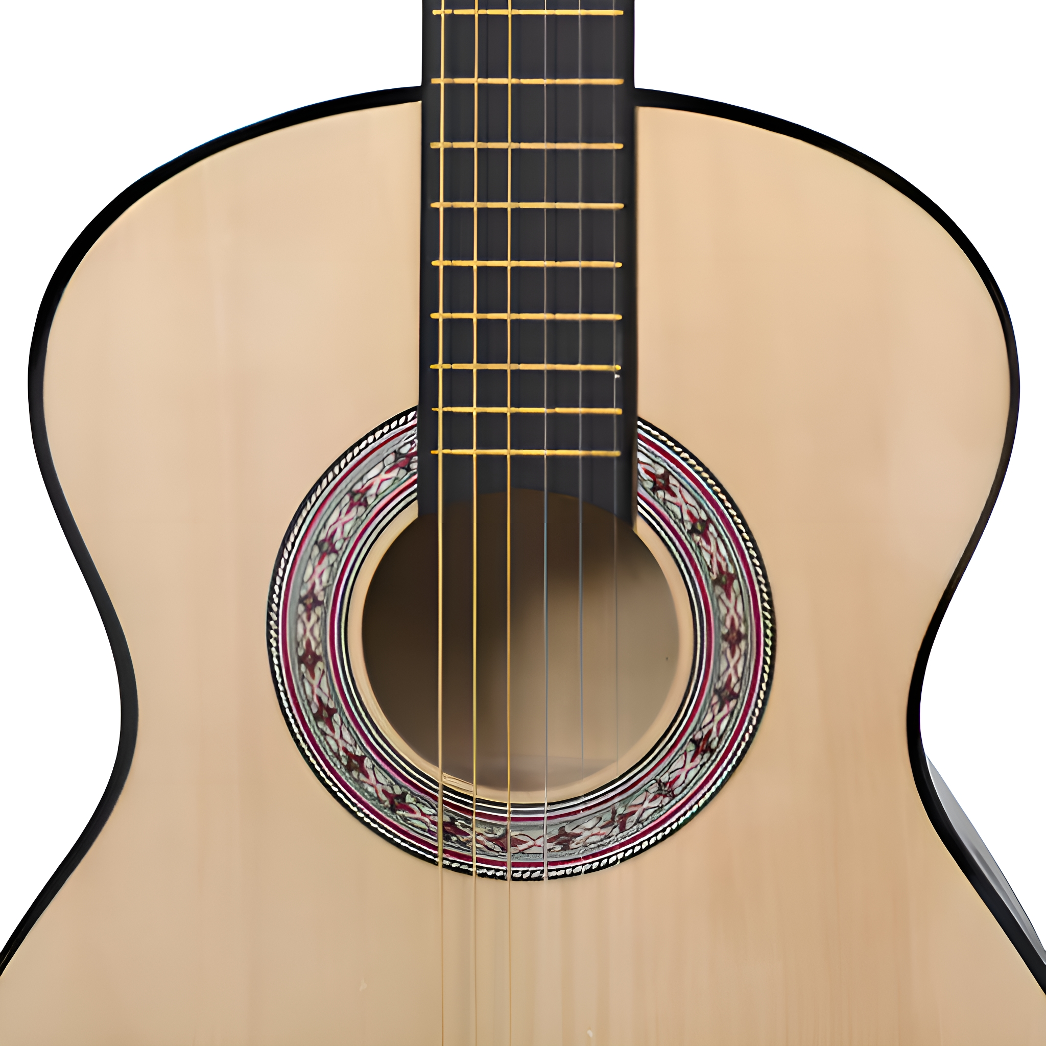 Akustikgitarre, hellbrauner Korpus, schwarzer Rand und Schalllochdetails.
