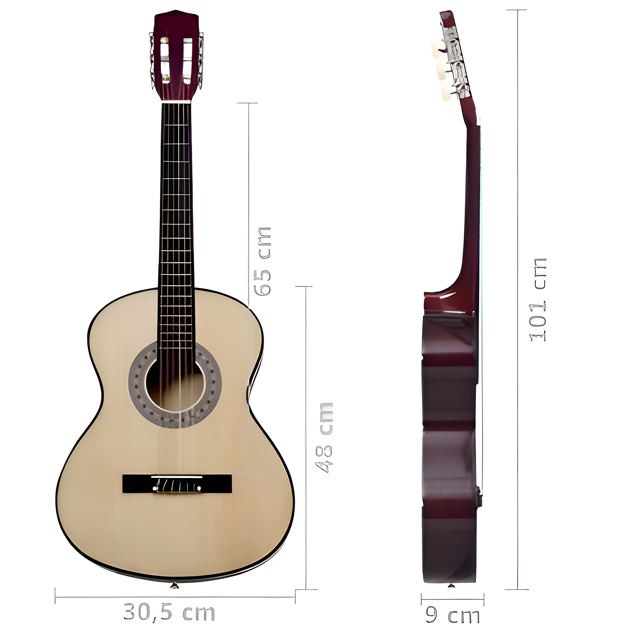 Beige Akustikgitarre mit in Zentimetern beschrifteten Maßen.