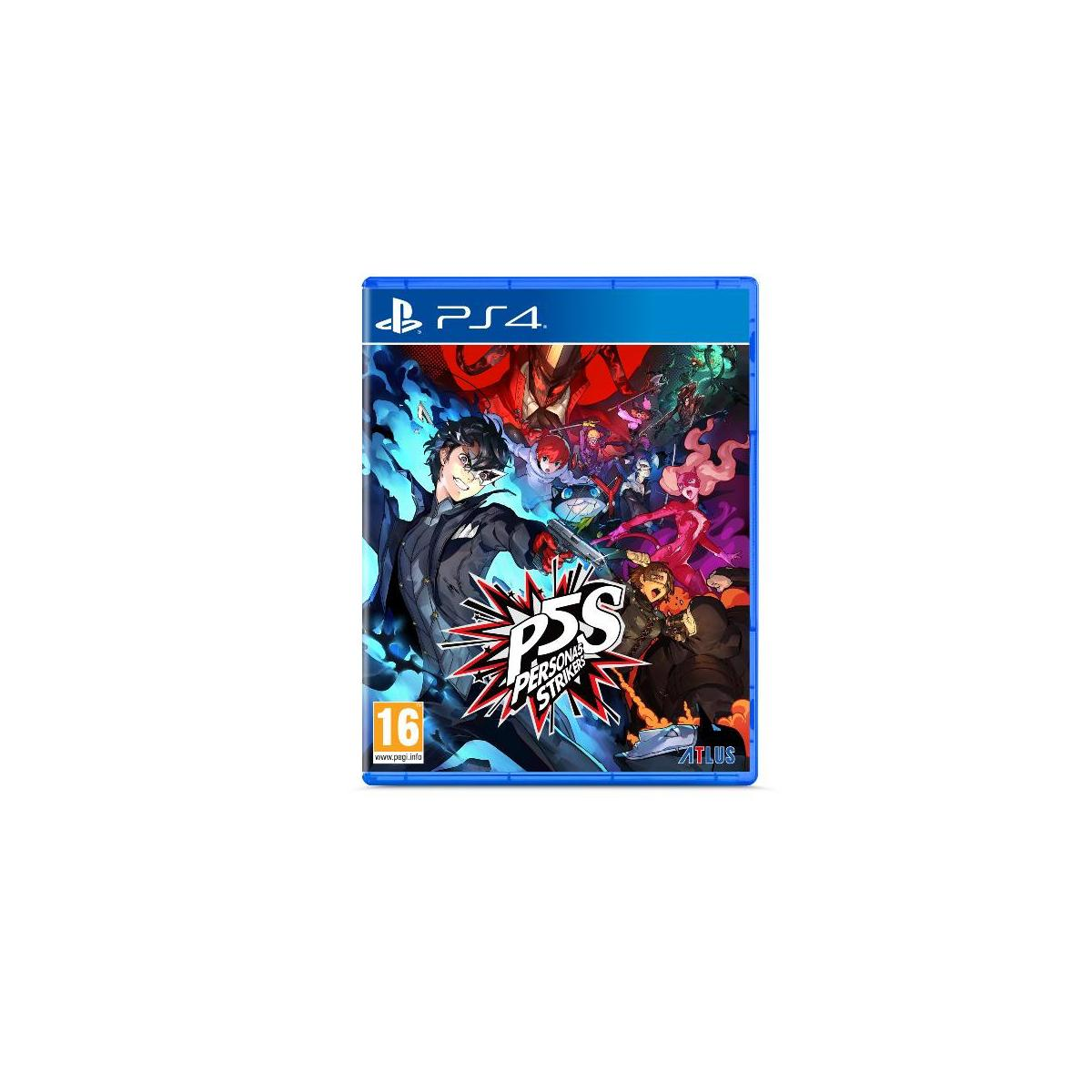 Scatola del gioco PS4 con un'illustrazione in stile anime del gioco 'Persona 5 Strikers' su bianco.