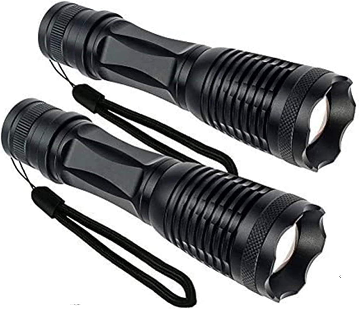 Zwei schwarze Taschenlampen mit Handschlaufen, vor weißem Hintergrund.