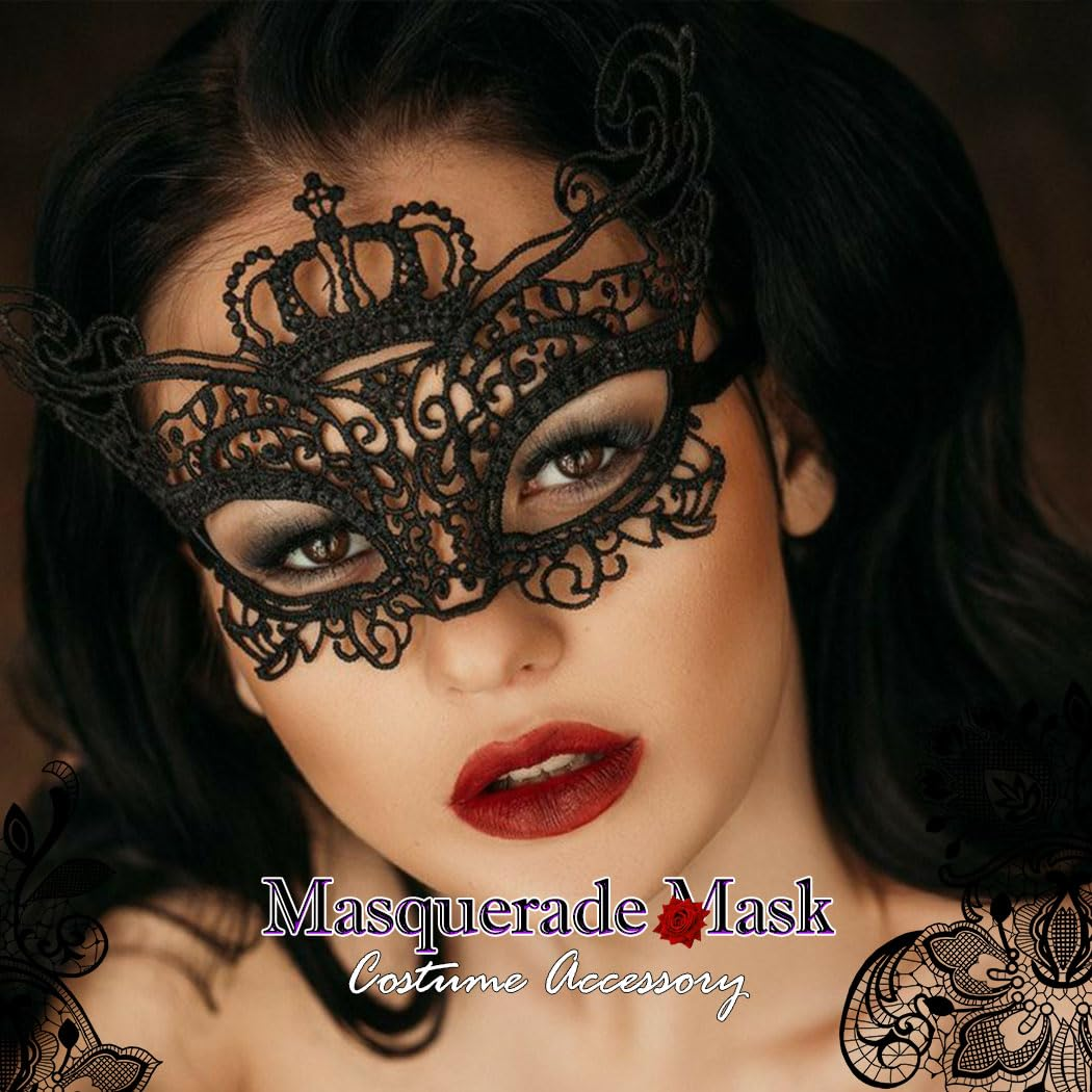 Frau mit schwarzer Spitzen-Maskerade-Maske. Sie hat roten Lippenstift und dunkles Haar.