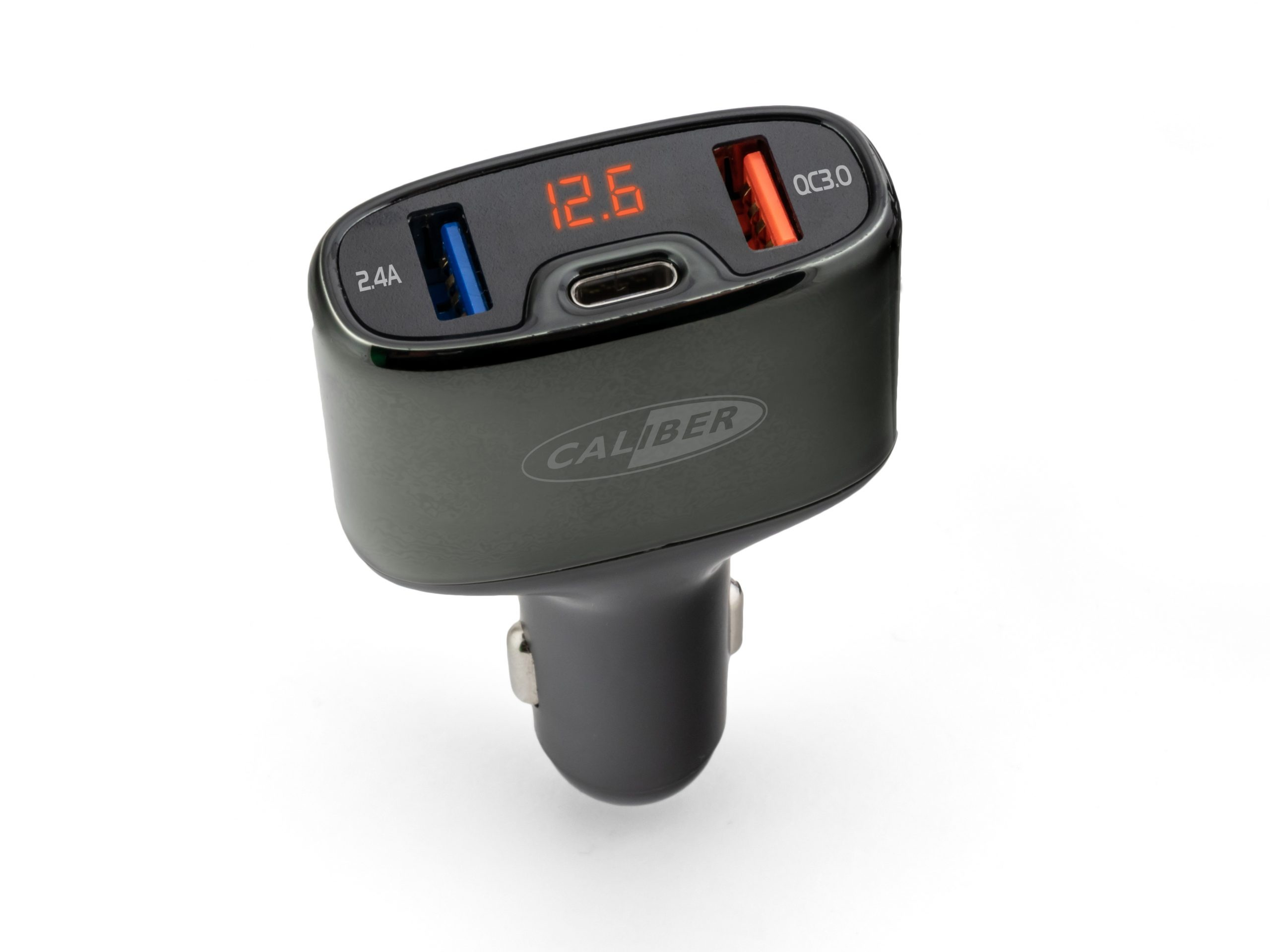 Chargeur de voiture noir avec ports USB et affichage numérique 12.6, marque CALIBER.