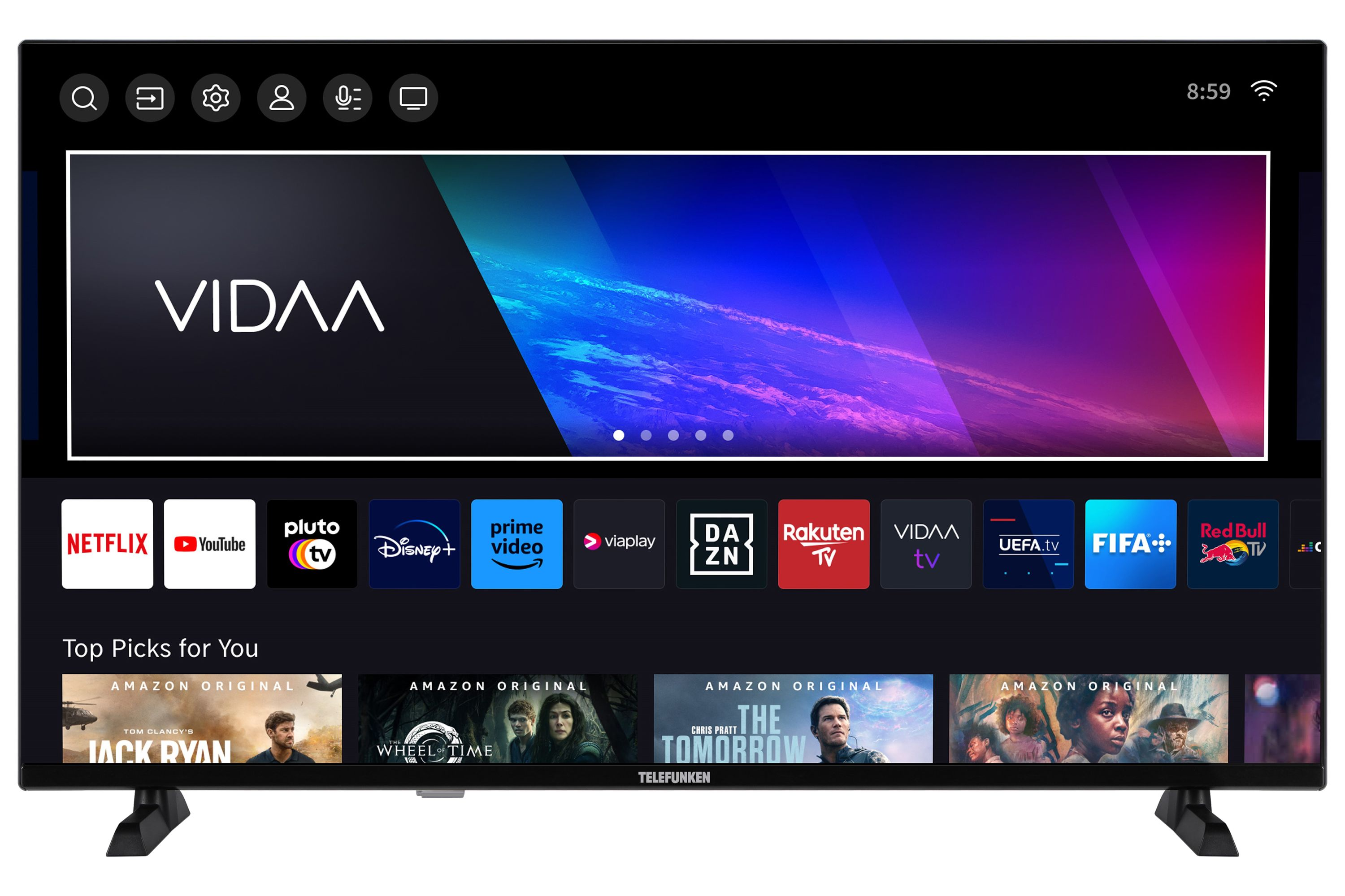 Telefunken Fernseher zeigt Apps: Netflix, YouTube, Disney+. Buntes Vidaa-Interface. Schwarzer Rahmen, Standfuß.