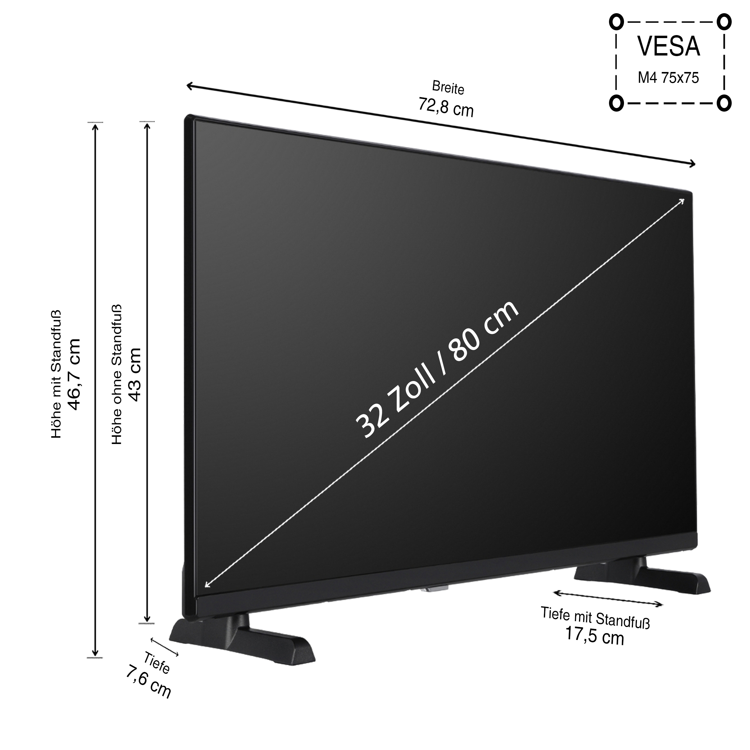 Ein schwarzer Fernseher mit Maßangaben. Der Bildschirm ist eingeschaltet und zeigt ein Bild. Weißer Hintergrund.