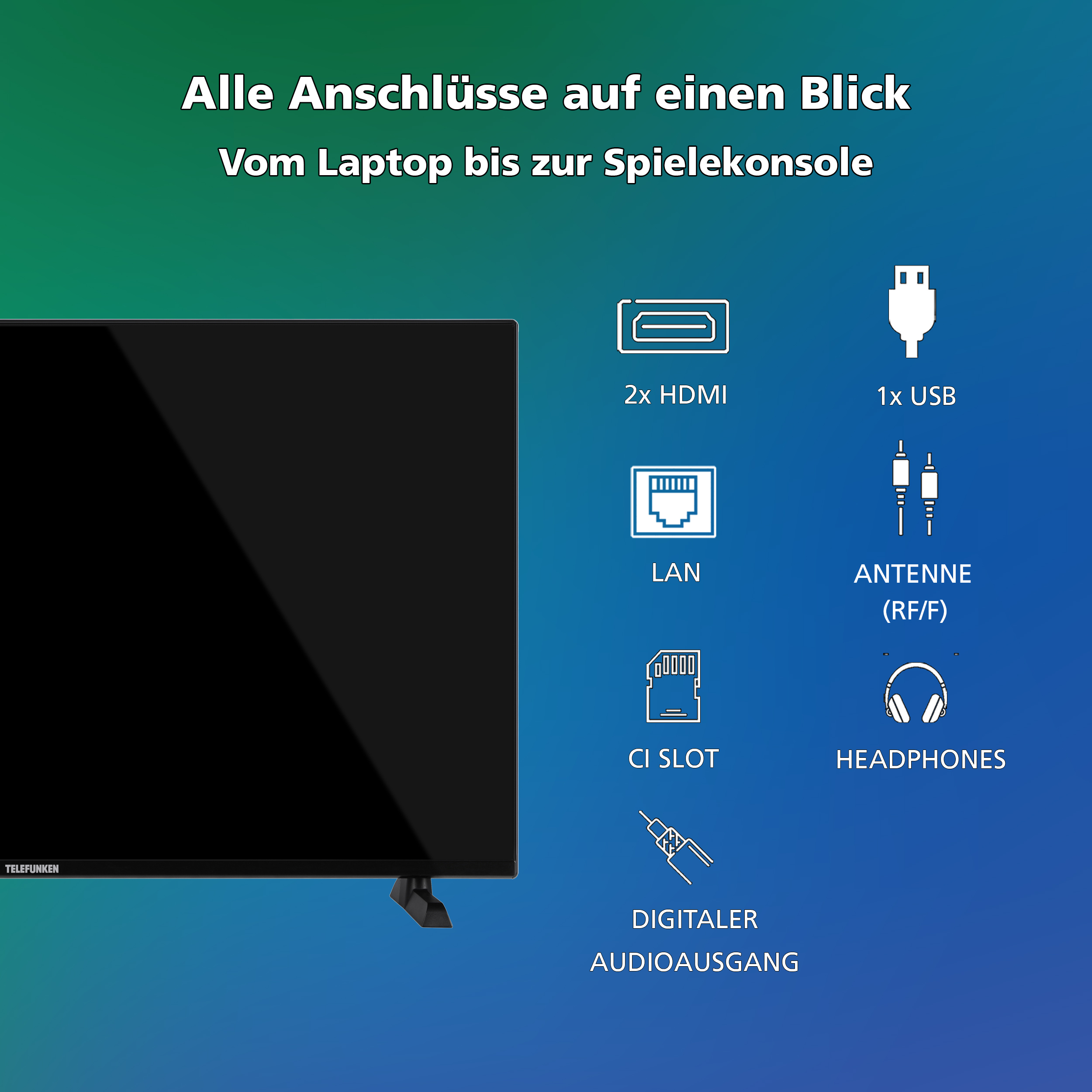 TV-Anschlüsse, darunter HDMI, USB, LAN, Antenne und Kopfhöreranschluss.