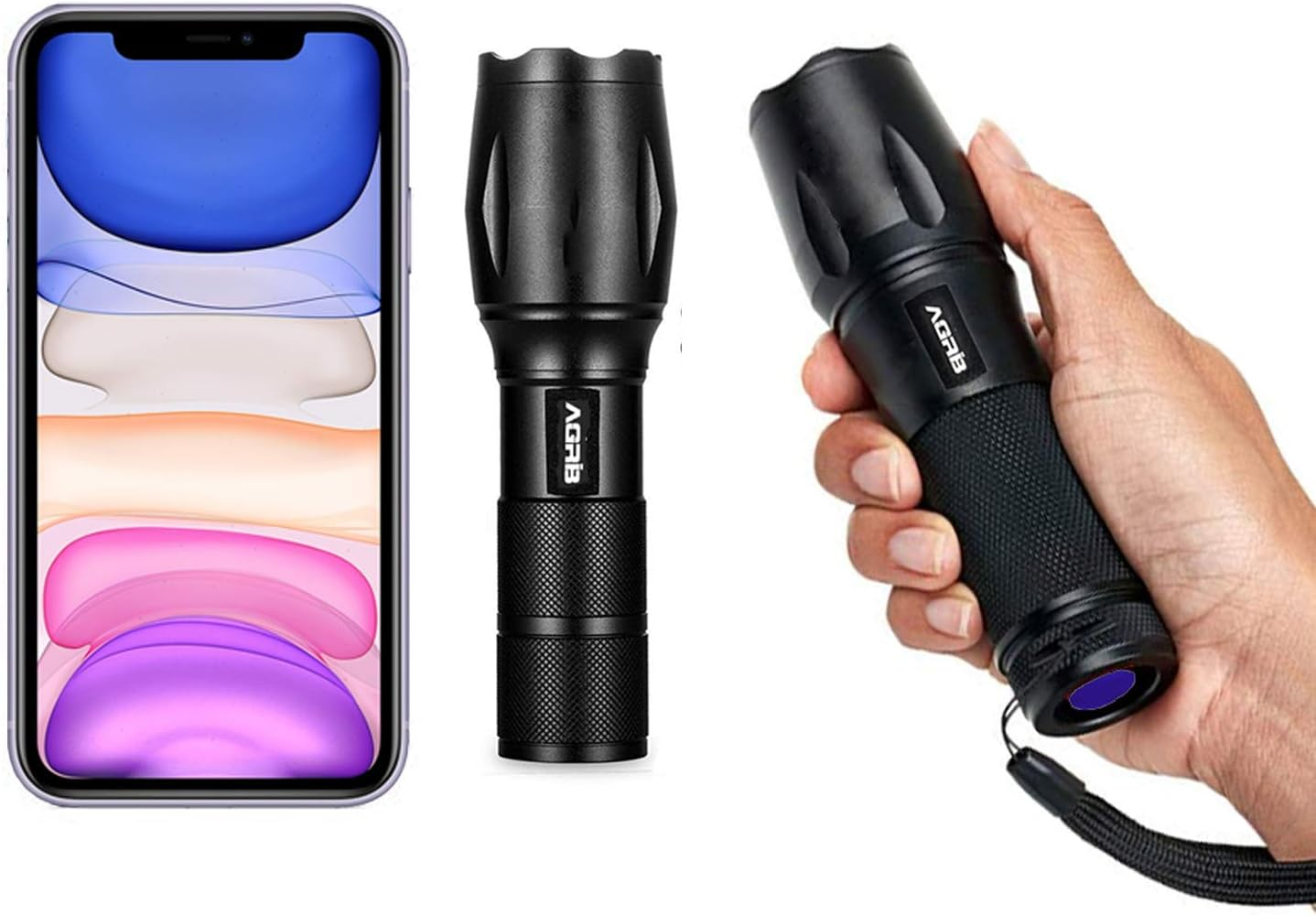 Zwei schwarze Taschenlampen und ein iPhone. Eine Taschenlampe wird von einer Hand gehalten.
