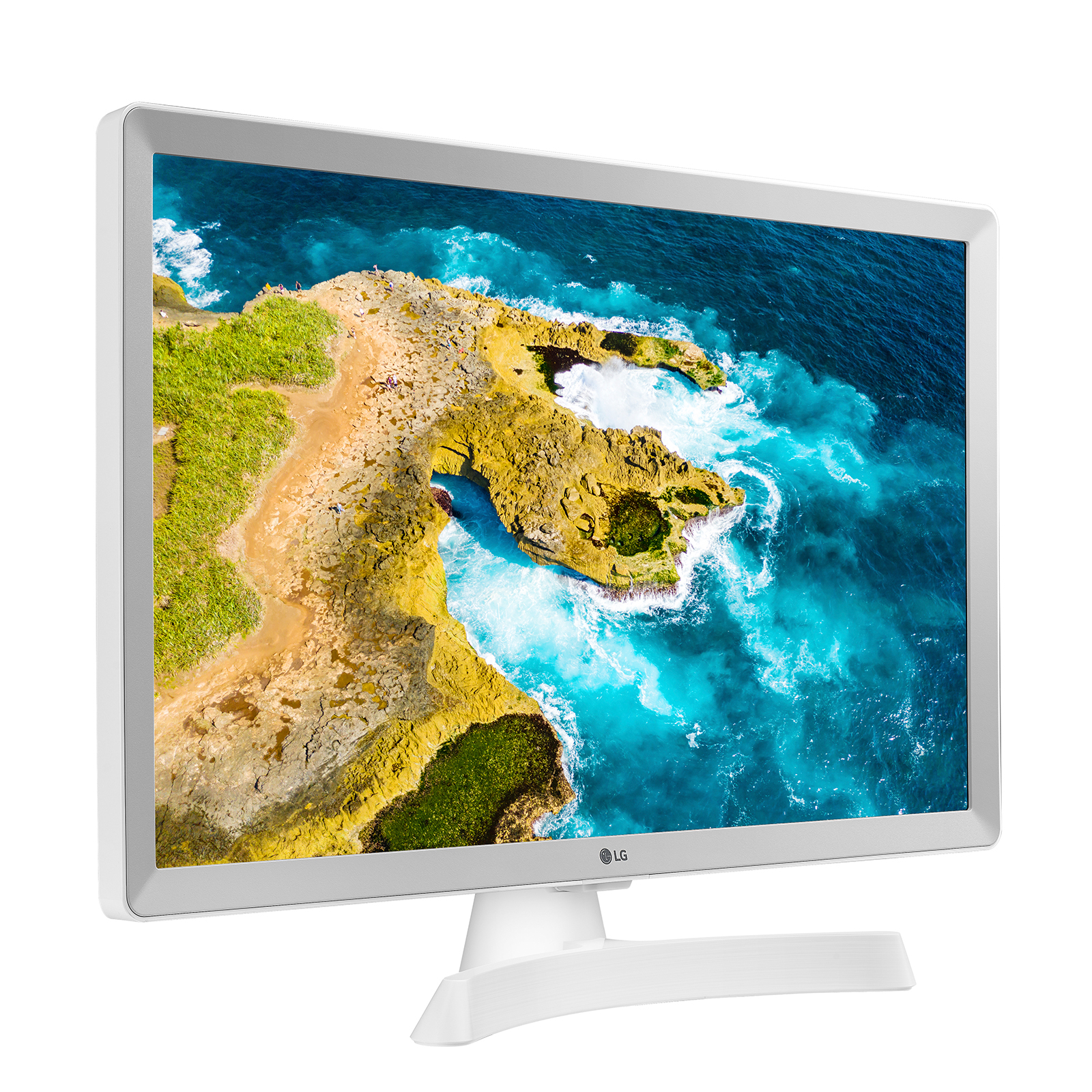 Weißer LG-Monitor mit Blick auf Küstenklippen und blauem Ozean.