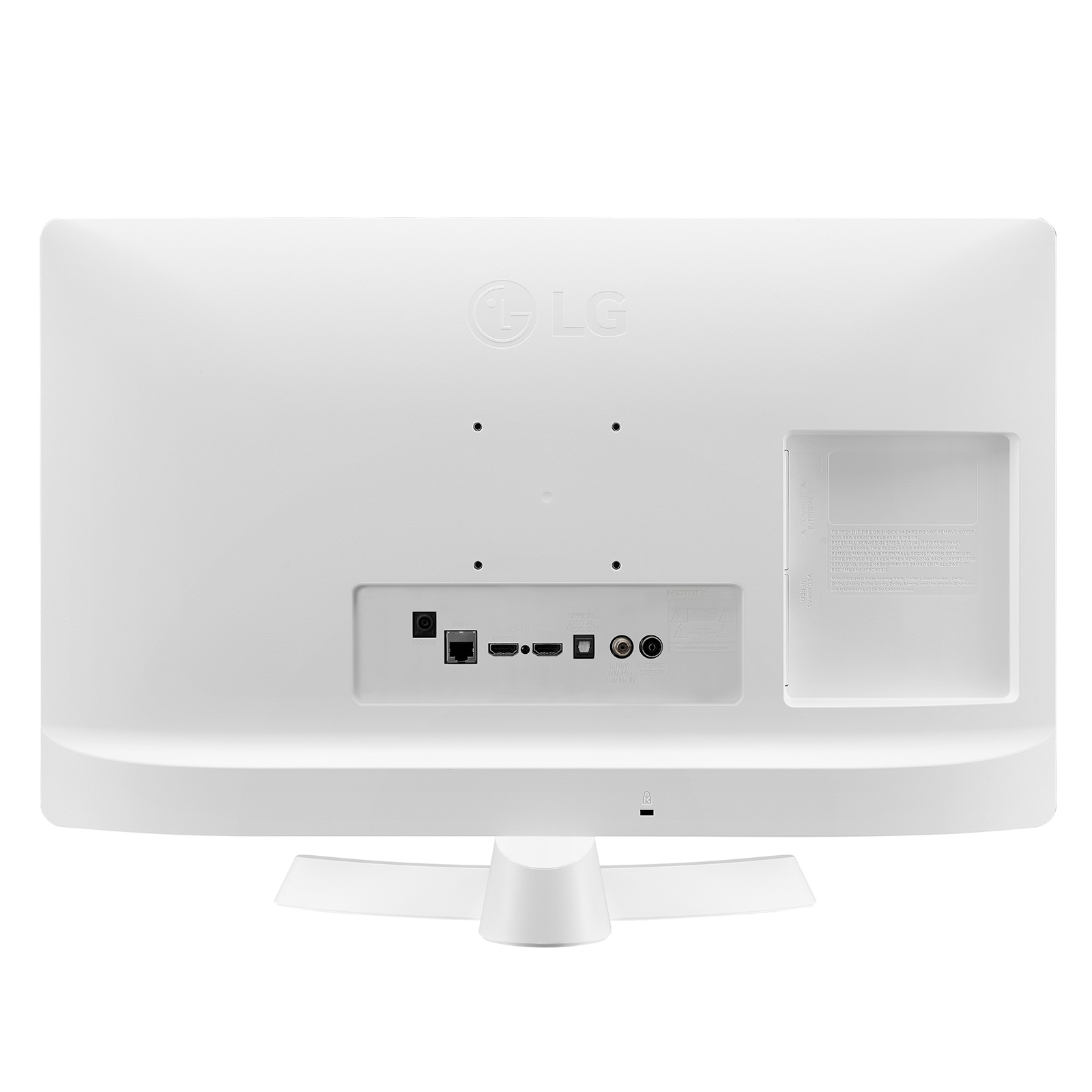Weiße LG TV-Rückseite mit Anschlüssen, Steckern und Halterung. Weiße Oberfläche.