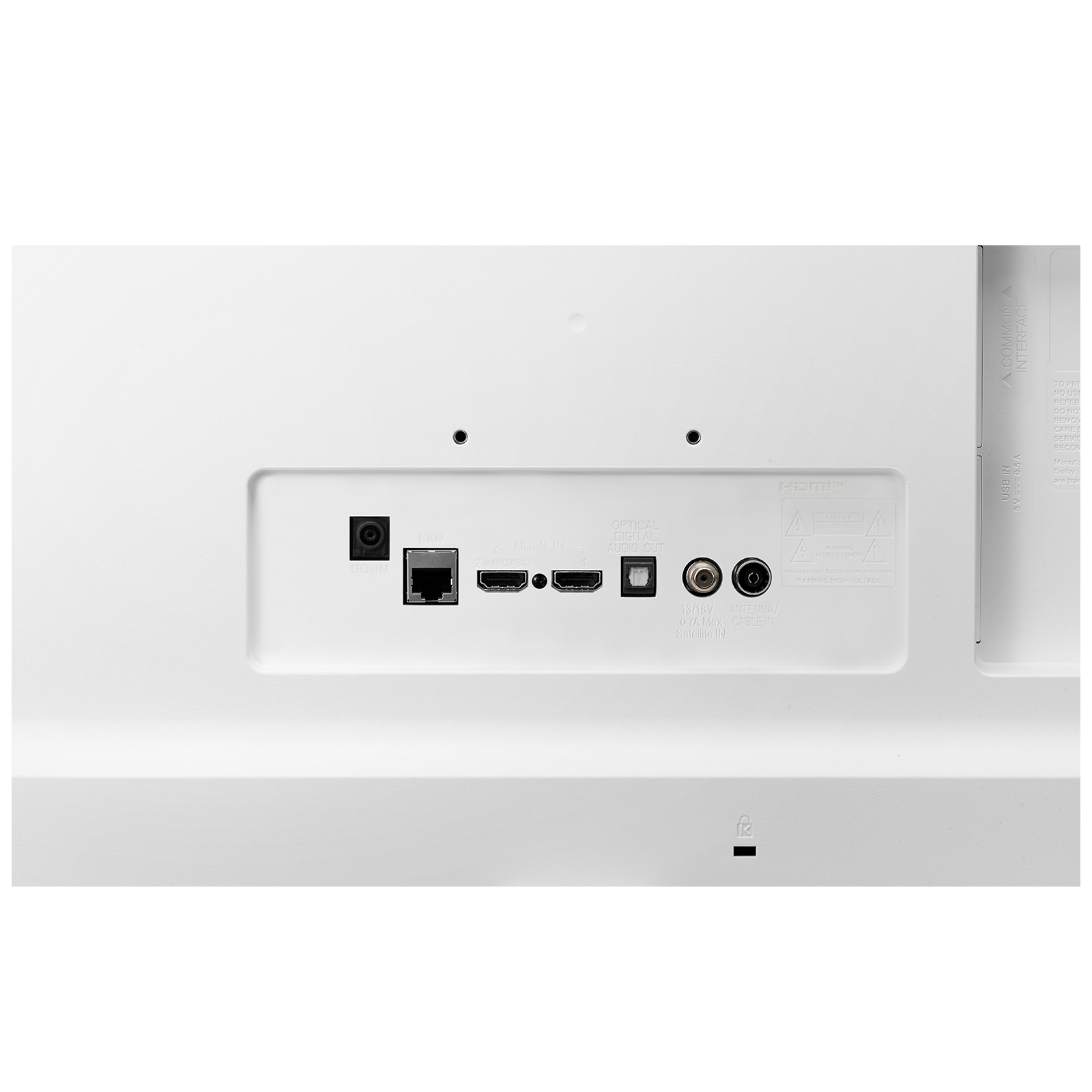 Rückseite eines weißen TV-Panels mit Anschlüssen: Strom, Ethernet, HDMI, Optisch und Antenne. Weißer Hintergrund.