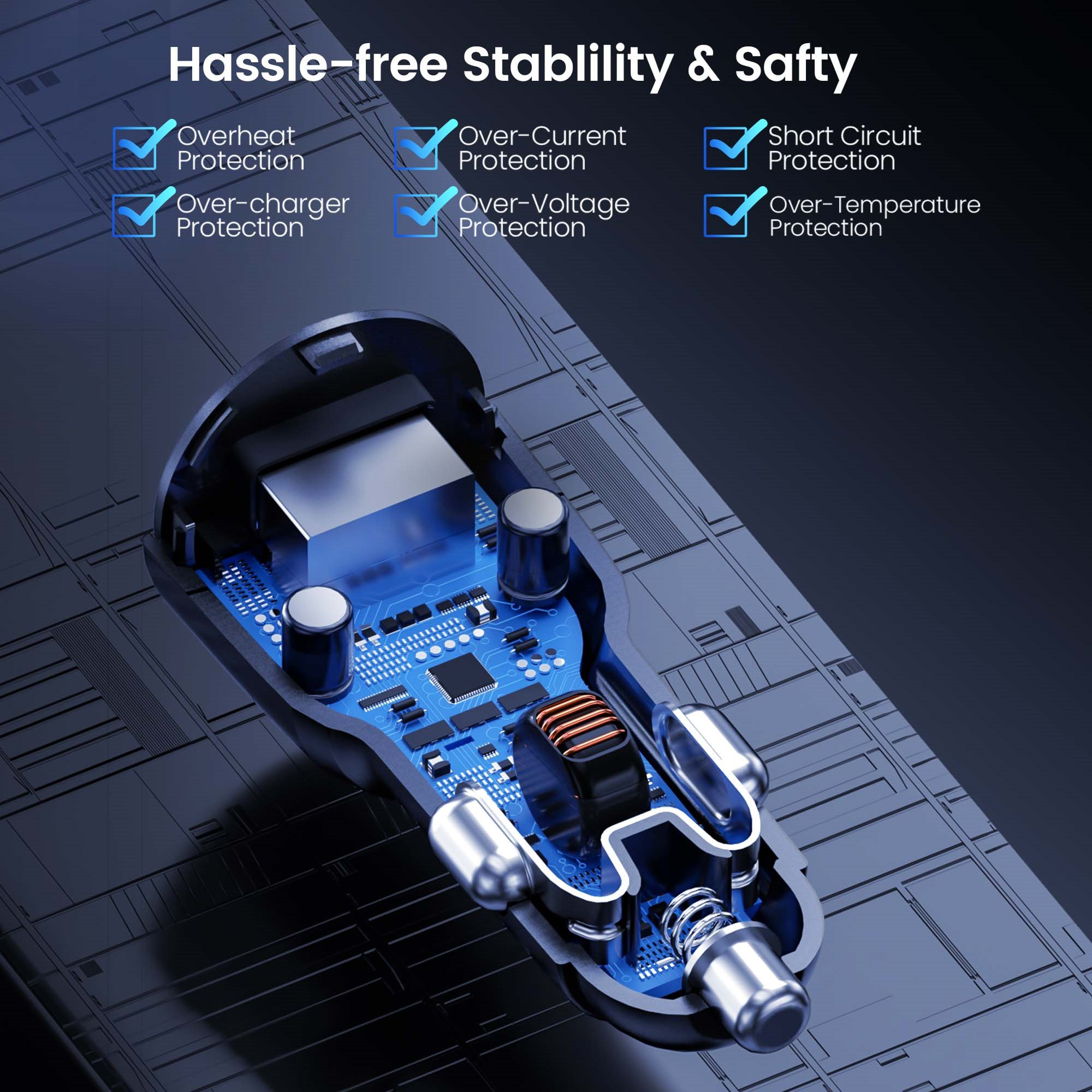 Intérieur du chargeur de voiture, montrant les protections: surchauffe, surintensité et court-circuit.