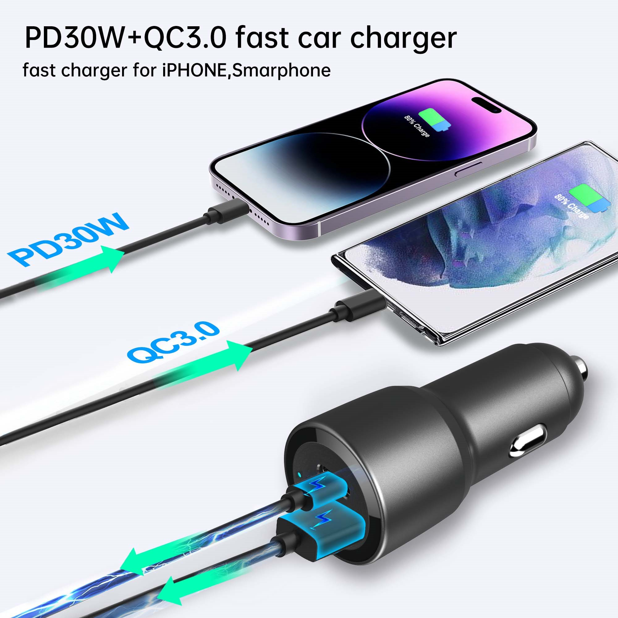 Chargeur de voiture rapide PD30W et QC3.0, chargeant deux téléphones simultanément.
