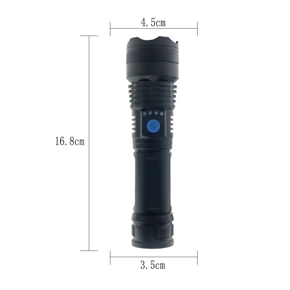 Eine schwarze Taschenlampe mit blauem Knopf. Sie zeigt die Abmessungen 16,8 cm Höhe und 3,5 cm und 4,5 cm Breite.