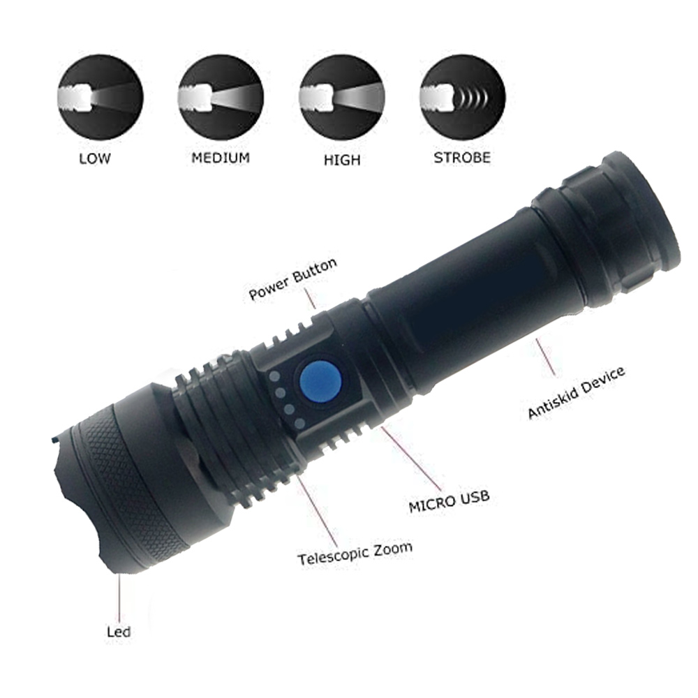 Schwarze Taschenlampe mit Knöpfen, Beschriftungen und Teleskopzoom. Mit LED- und Anti-Rutsch-Funktion.