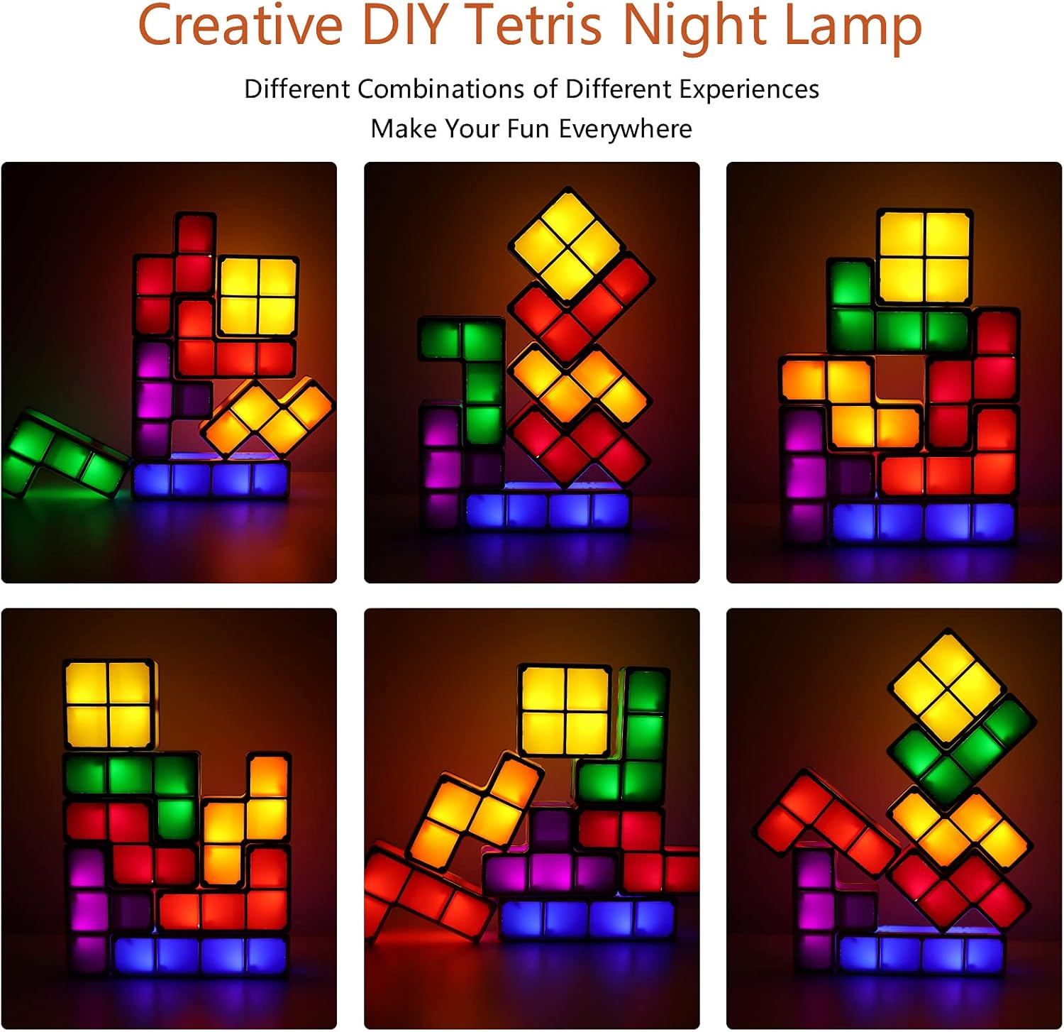 Anordnung farbenfroher Tetris-Blöcke, die in verschiedenen Kombinationen und Anordnungen leuchten.