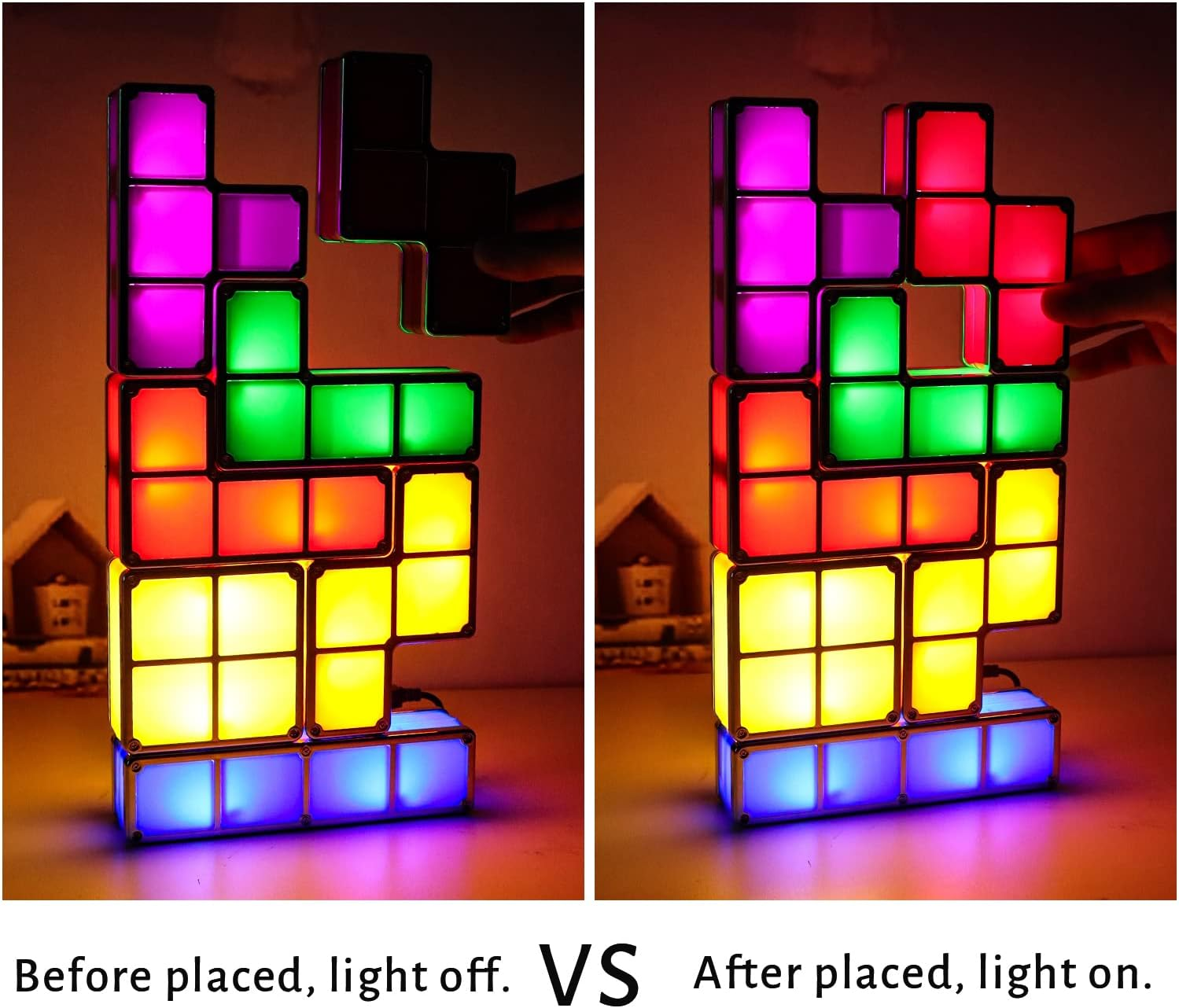 Ein Tetris-ähnliches Spiel mit bunten, leuchtenden Blöcken. Vorher-Nachher-Bilder des Spiels.