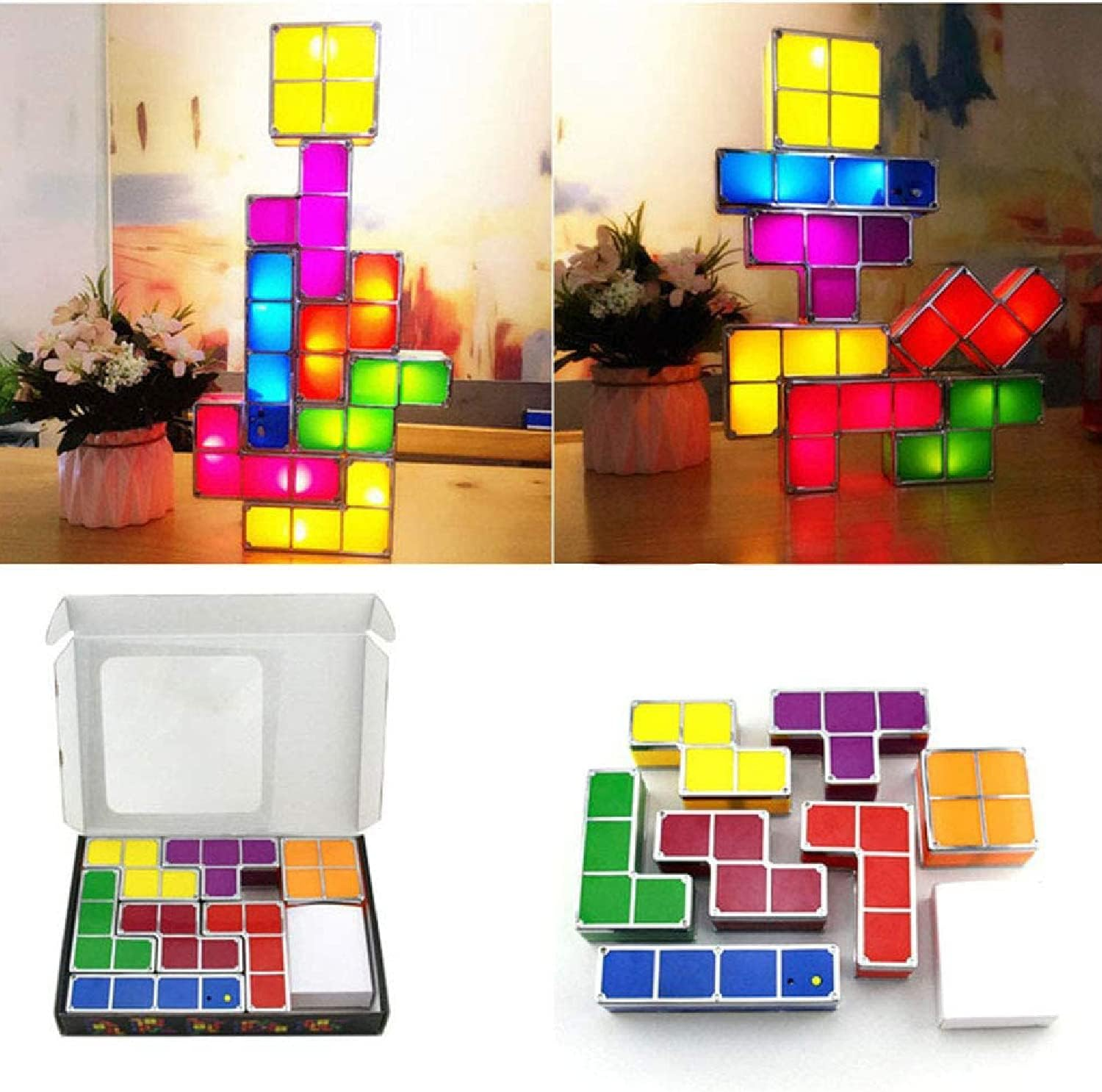Tetris-ähnliche Bausteine in verschiedenen Konfigurationen angeordnet, einige leuchten, mit einer Box.