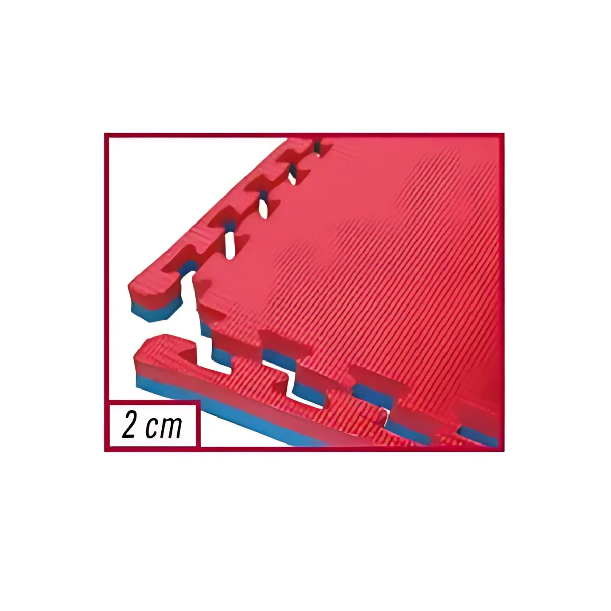 Red and blue interlocking foam mats, 2 cm thick, isolated on white.