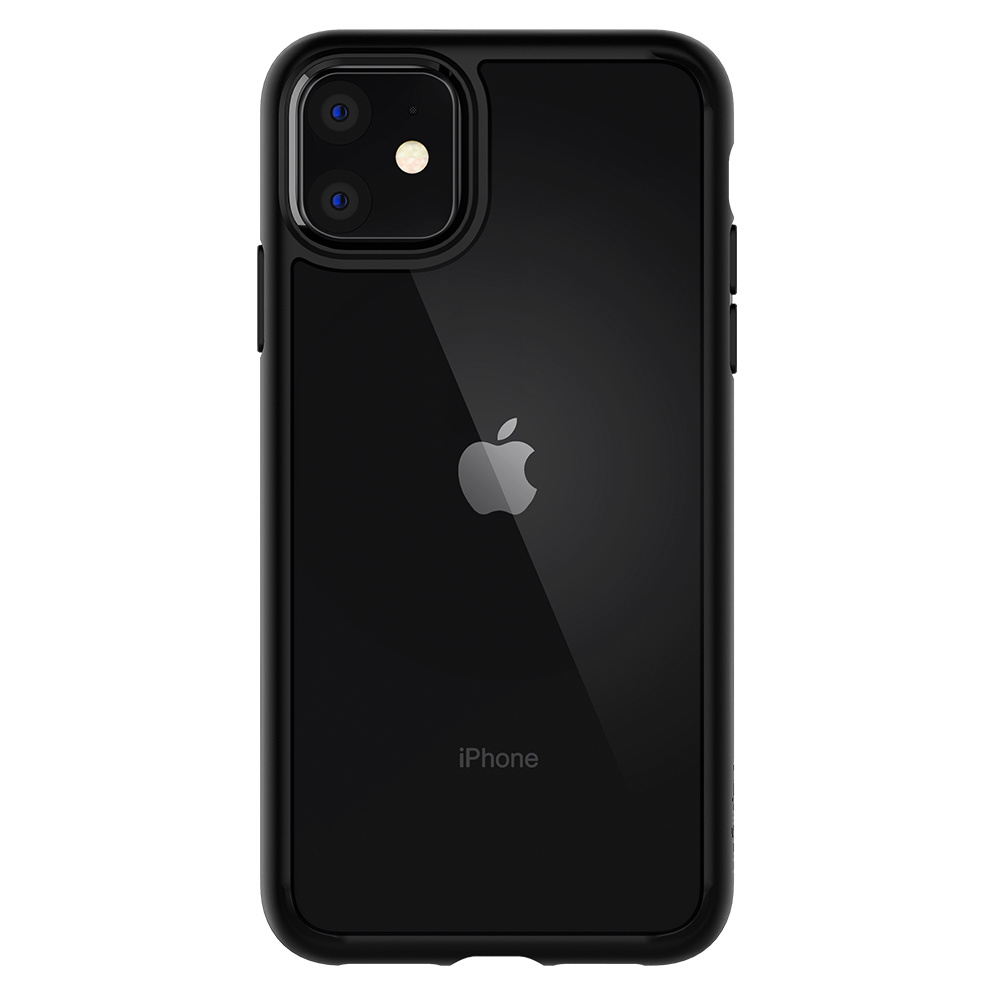 iPhone noir dans un étui. Le dos montre l'appareil photo et un logo Apple, l'étui est noir.