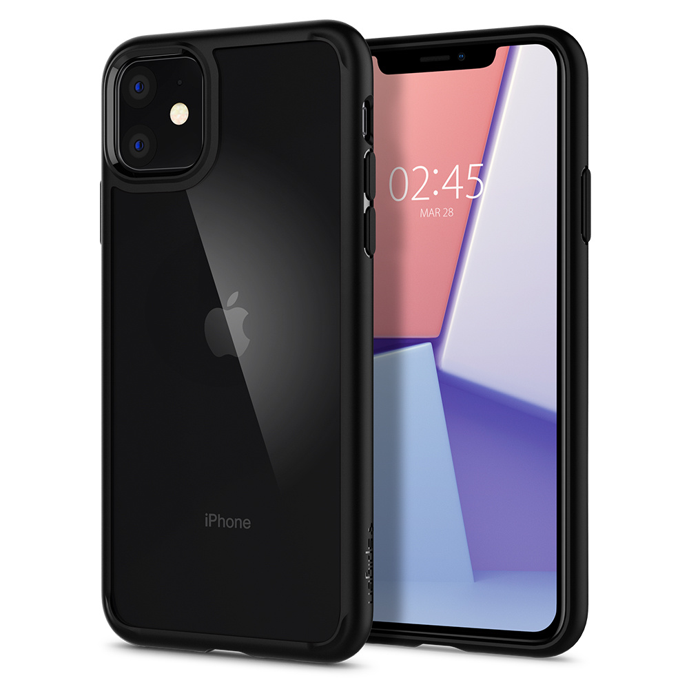 Une coque de téléphone noire avec un dos texturé et un cadre noir autour de l'écran.