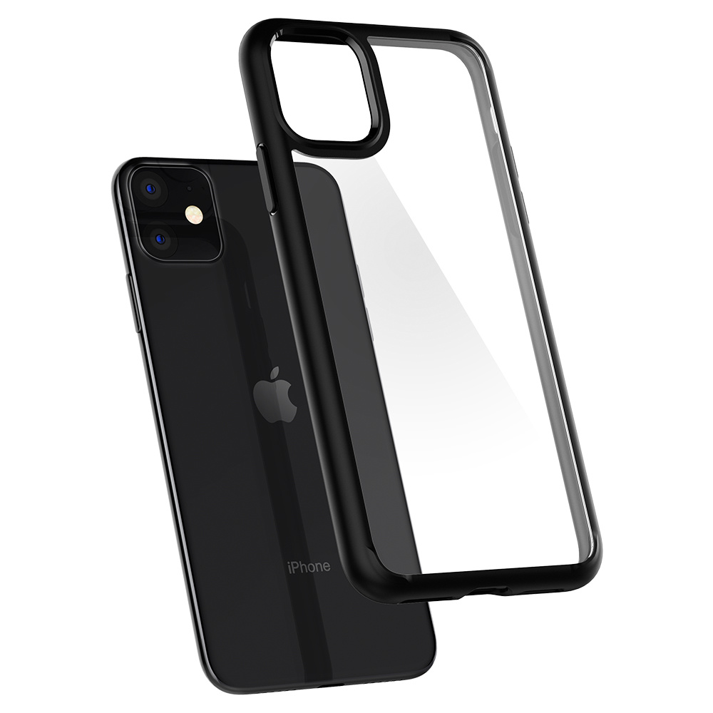 iPhone noir et coque transparente. La coque flotte, montrant l'arrière du téléphone.