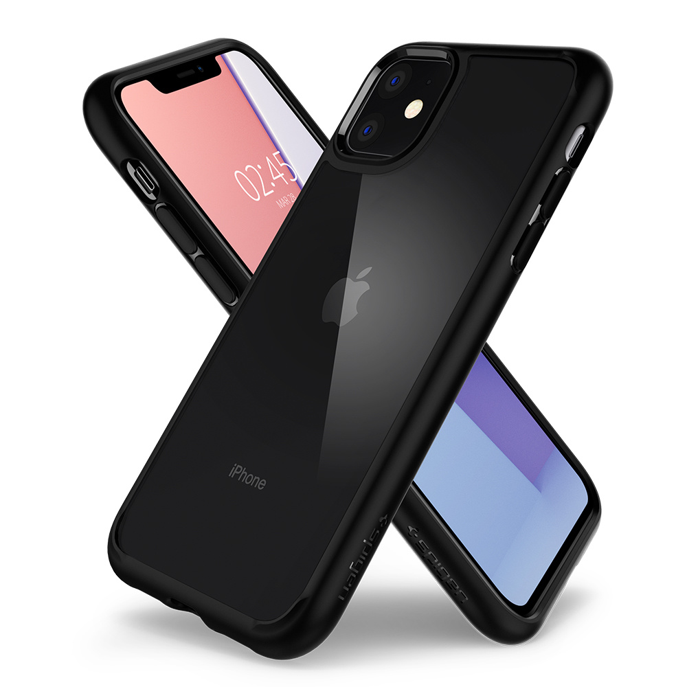Deux téléphones dans des étuis noirs croisés. L'un a un logo Apple blanc.