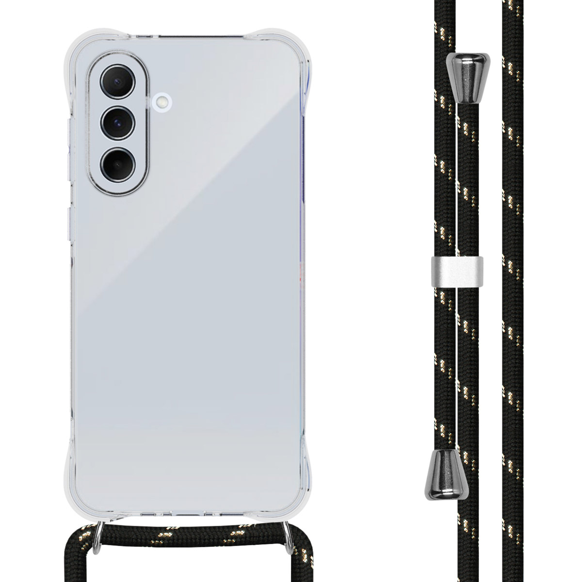 Coque transparente avec lanière, triple appareil photo. Lanière noire et dorée.