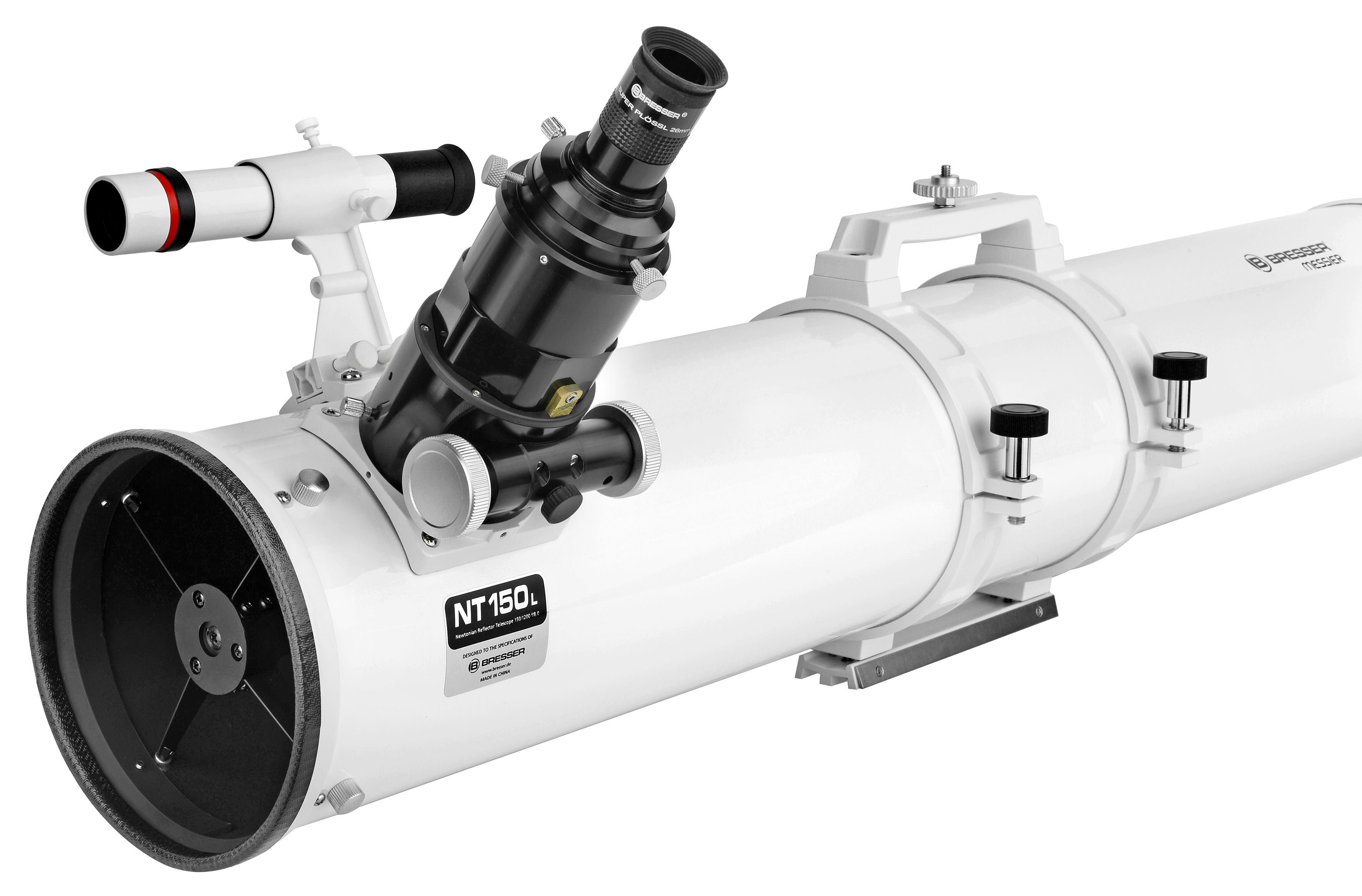 Un telescopio blanco con un ocular y un buscador adjuntos.
