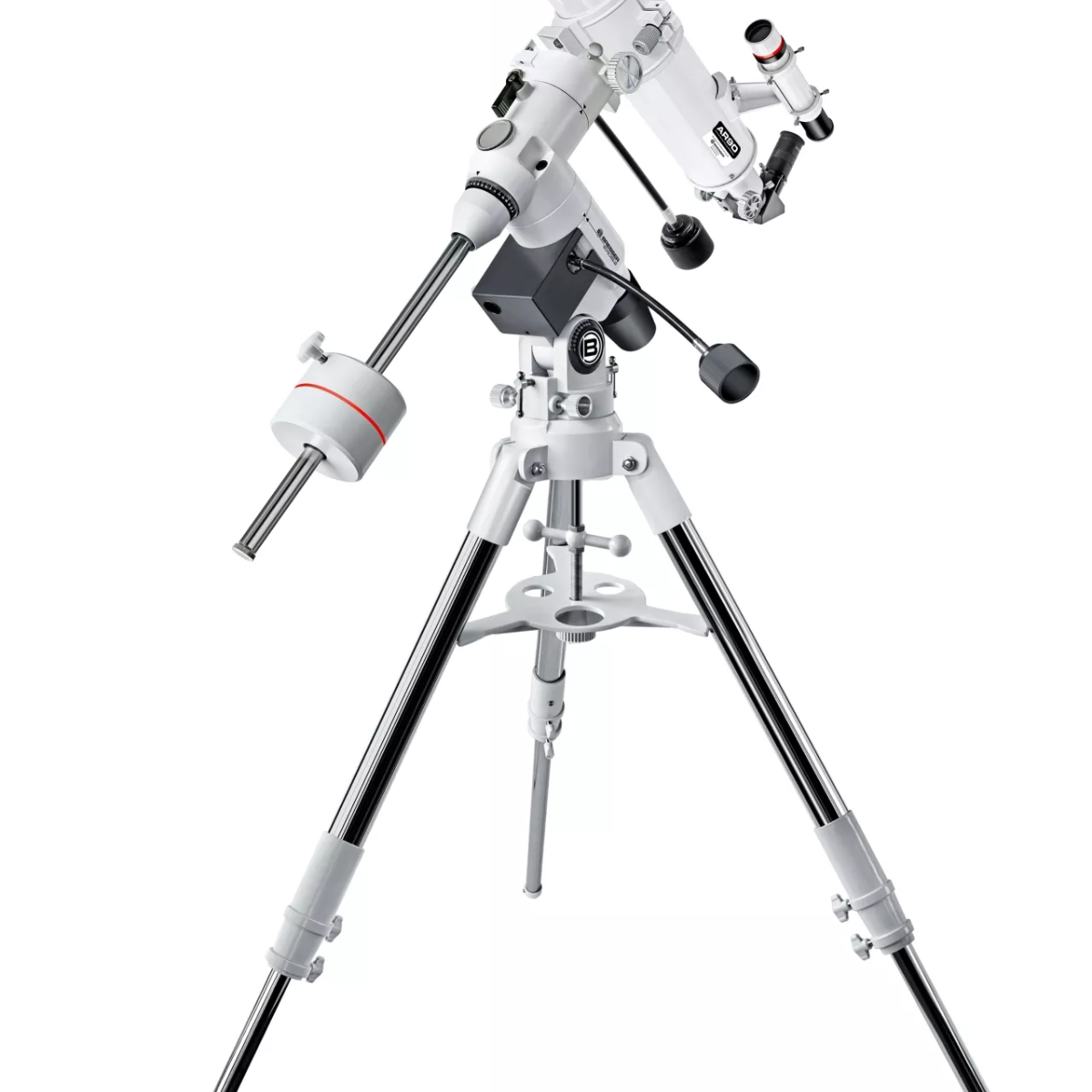 Telescopio blanco sobre trípode, con varias partes ajustables.