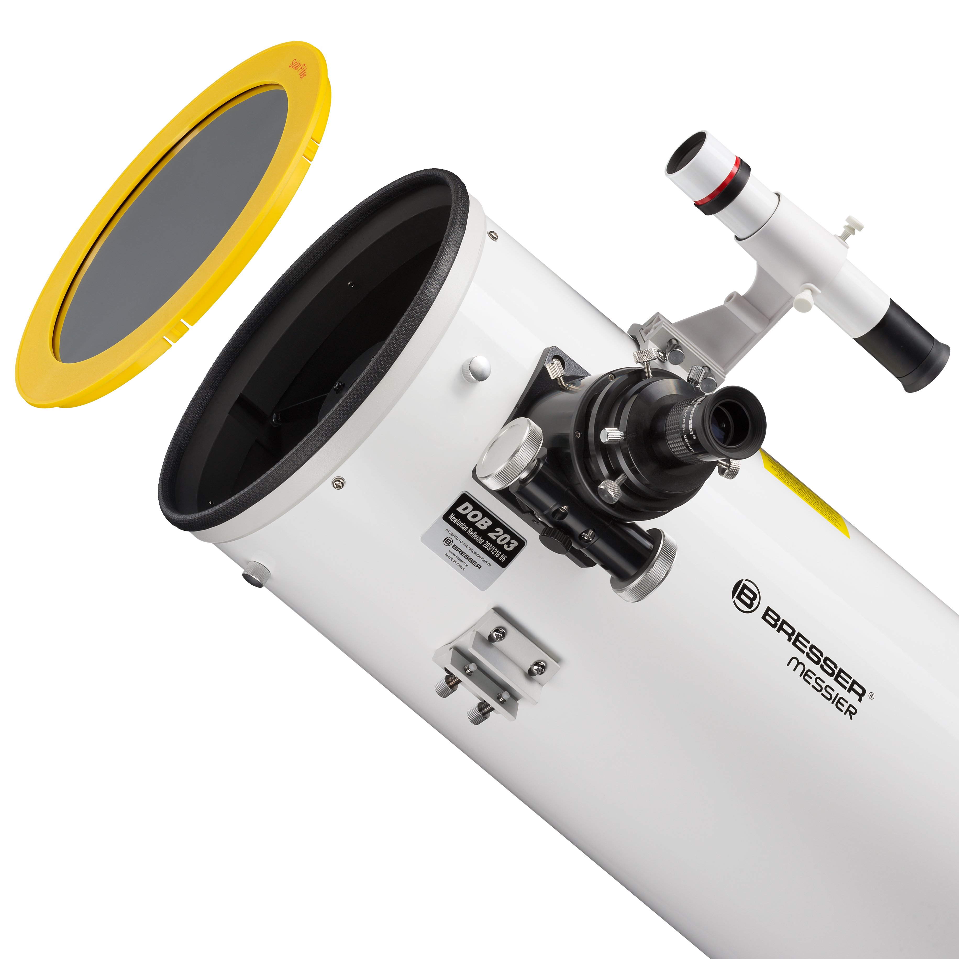 Telescopio blanco con buscador adjunto y filtro amarillo y gris separado.